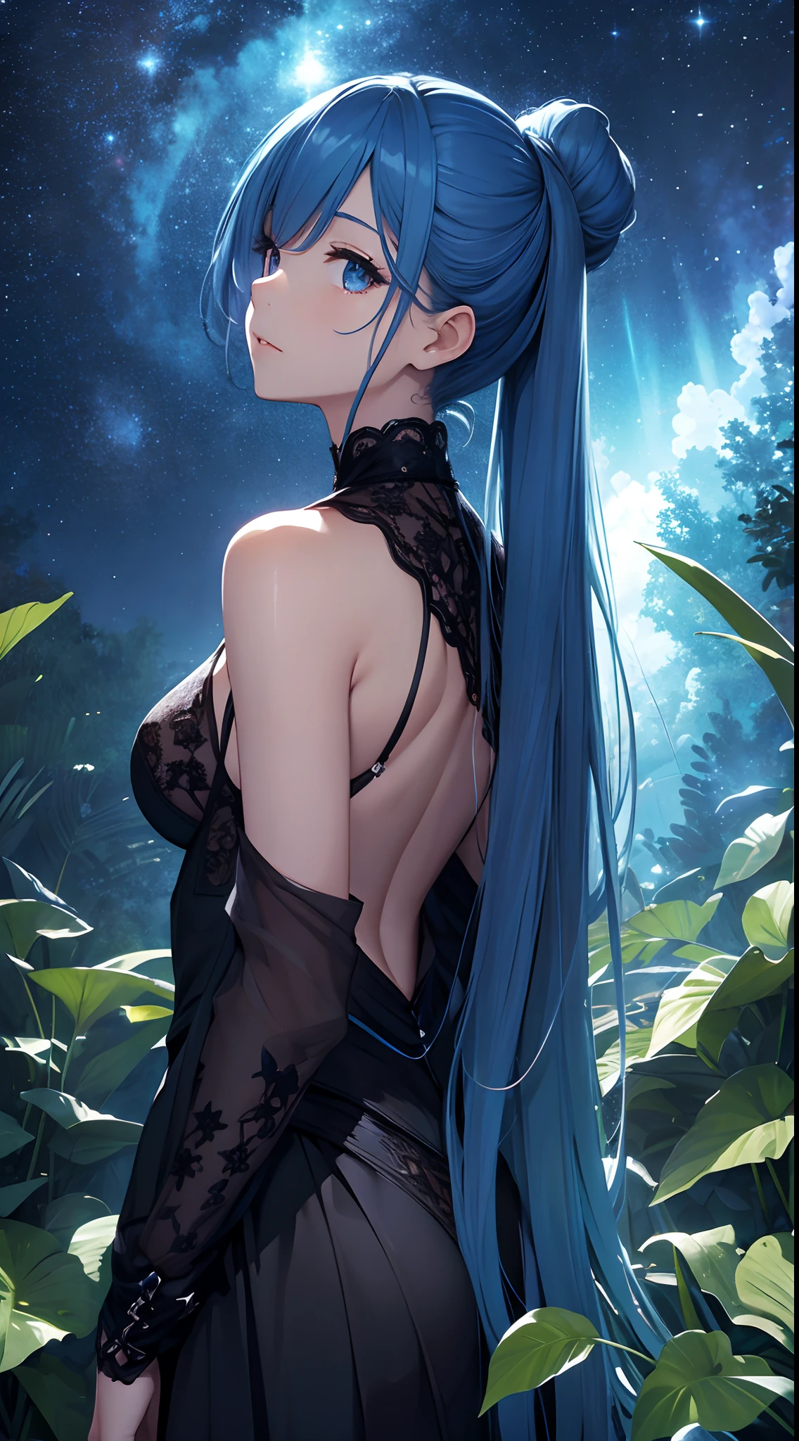 ​masterpiece、Background with（（starrysky、Meteor swarm、black hole））、Depth（（Huge fantastic tree、It's glowing.、plants、城市））、a beauty girl、Rear view、Looking up、poneyTail、lightblue hair