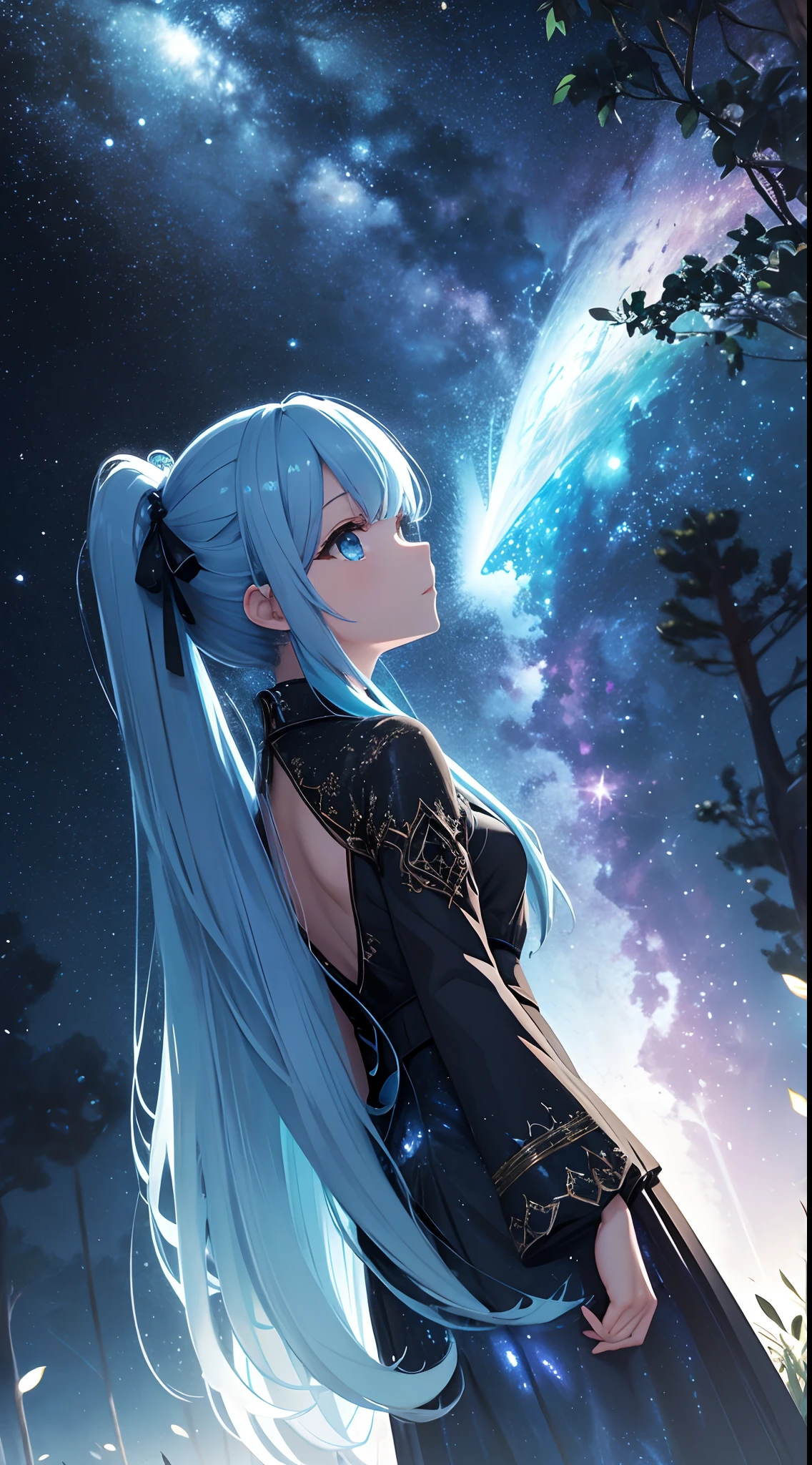 ​masterpiece、Background with（（starrysky、Meteor swarm、black hole））、Depth（（Huge fantastic tree、It's glowing.、plants、城市））、a beauty girl、Rear view、Looking up、poneyTail、lightblue hair