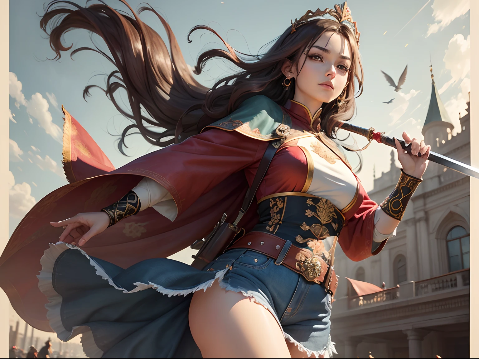 Best Quality, masutepiece, ultra-detailhigh-resolution, (Realistic: 1.4), Watercolor style, Illustration, Dazzling background color,, Skinny Girl with Weapons, (solo exhibition: 1.2), (denim lens: 1.2), (Hair crown: 1.2), (dark brown hair,Traditional Chinese Dunhuang costumes, No strap, (Red Eyeliner: 1.2), (: 1.4), (Accurate Hand Modeling),earrings, Dynamic Angle, Opera House, Messy_long_hair, inky, movie lights, lens_f lare, velvet, chrysanthemums, tassels, bow ribbon, Color embroidery,long boots,Photograph the whole body,Dance of the Sword,Holding a sword in his right hand,Camera work shot from a distance,