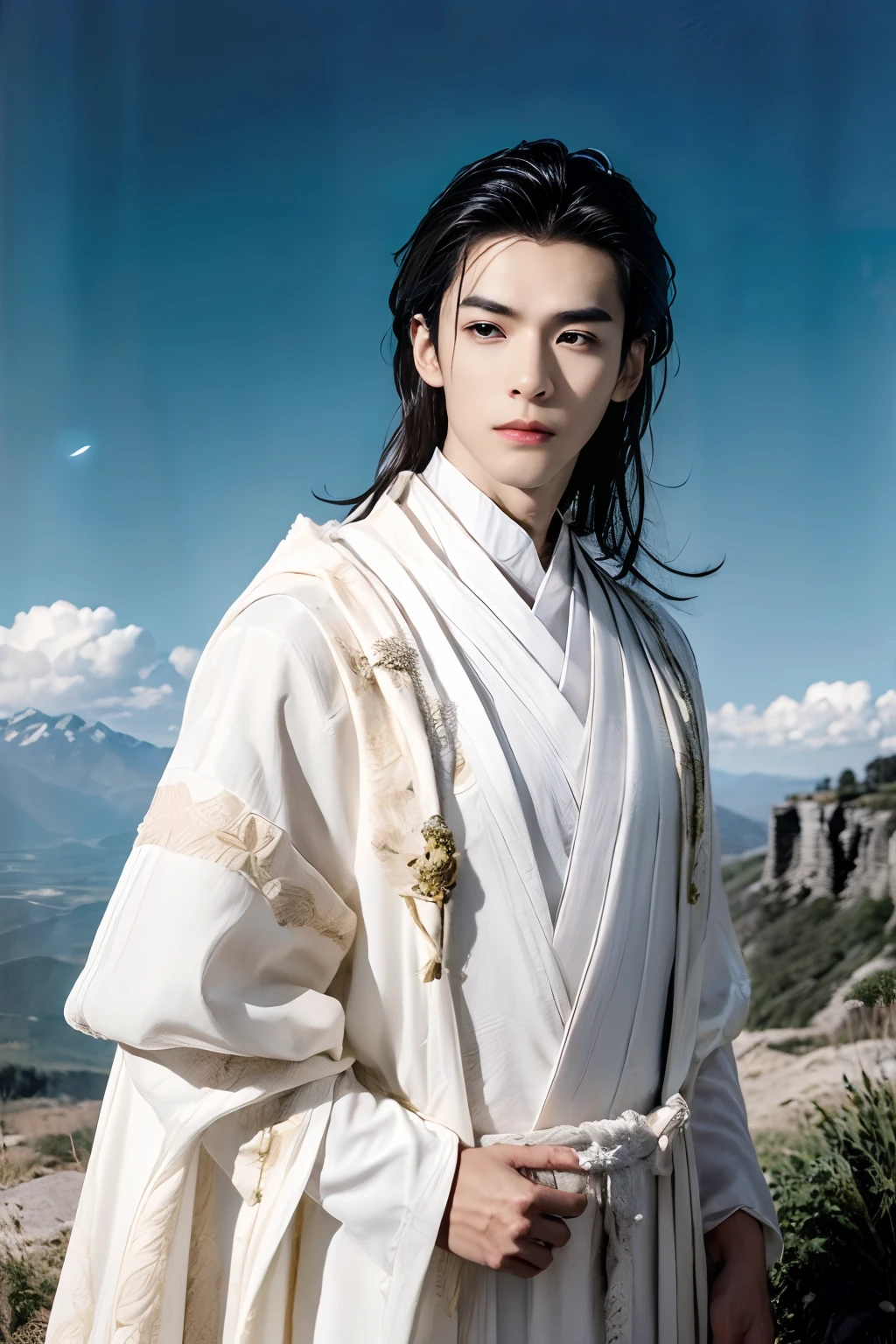 8K, masterpiece, A 21-year-old Asian man，thin eyebrows，Melon seed face，danfung Eye, Handsome face，Men's upper body ，mountain in background, Time is night。Deep blue sky，A full moon，his skin is fair，He is slender,  The limbs have pronounced muscle lines，high-definition photography，Real-world scenarios，perfect eyes, perfect skin, perfect hands, Lots of detail, (white long robe), wearing white long robe with dragon embroidery, white long pants, white turtleneck shirt, wind magic, long hair, looking into the distance, devilish gaze at viewer, cool and seductive, standing on the top of the mountain, wind blowing