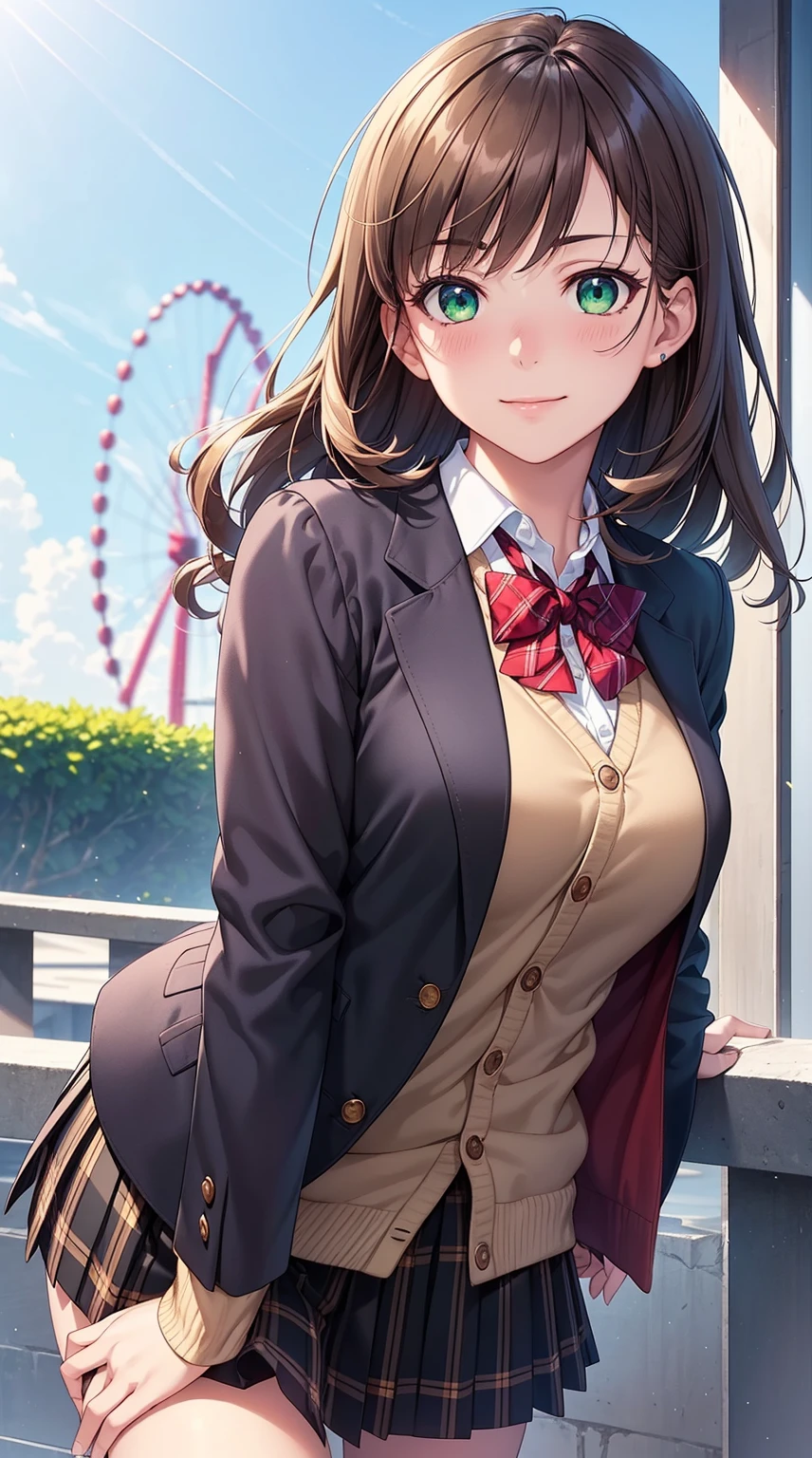 ((Masterpiece, Best quality, A high resolution, hyper HD, Perfect pixels, Depth of field, 4K, RTX, hdr))), 1girll, Single, Solo, Beautiful anime girl, Beautiful Art Style, anime figure, ((Long hair, bangs, Brown hair, Curly hair:0.8)), ((Green eyes:1.4, Rounded eyes, Beautiful eyelashes, Realistic eyes)), ((Detailed face, Blushing:1.2)), ((Smooth texture:0.75, Realistic texture:0.65, Photorealistic:1.1, Anime CG style)), Medium breasts, Dynamic Angle, Perfect body, ((Portrait, angle of view)), ((red bowtie, school uniform, Black jacket, Open jacket, Brown cardigan, White shirt, Black skirt, plaid skirts)), Smile, An amusement park
