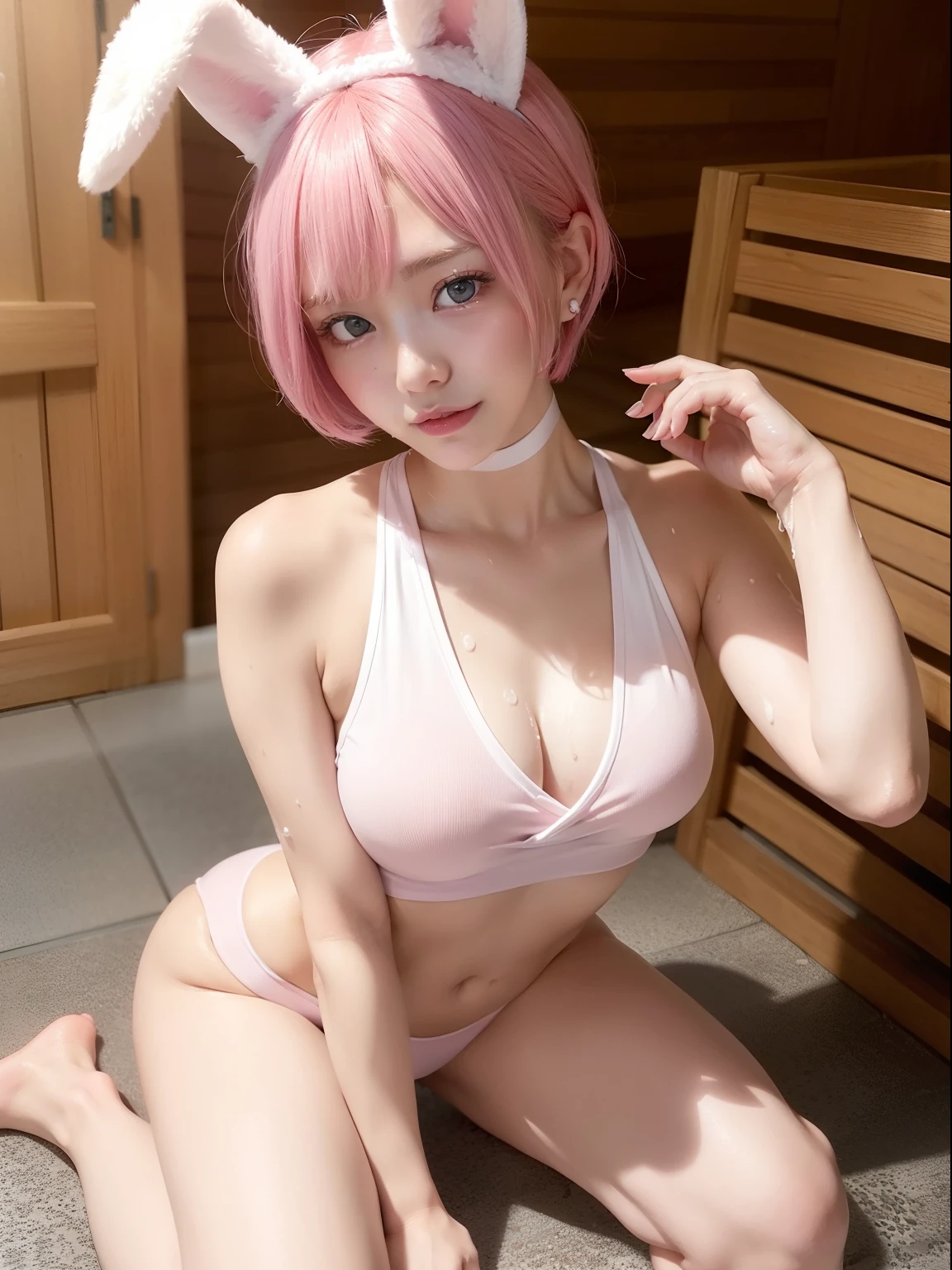 Pink hair、Super Sento Sauna、Sit in the sauna、Work up a sweat in the sauna、sauna、Enter the sauna、fullnude、fullnude、Wrap a white cloth around your chest、Wrap a white towel around your chest、Pink short cut hair、Pink short cut hair，(8K, top-quality, ​masterpiece:1.2), (realisitic, Photorealsitic:1.37), ultra-detailliert, 1 girl in, full body Esbian, (Adjusted hair:1.5) cute little、独奏、(A smile:1.15)、(Mouth closed)、tiny chest、Eyes in Beautiful Details、（short-hair：1.2）、Floating Hair NovaFrogStyle、masuter piece、Pink Shortcut Bob、Realistic rabbit ears、Pink realistic rabbit ears、Realistic ears of rabbits sticking out of the head、Pink hair、Beautiful girl in her 20s、Bewitching atmosphere、Beautiful shaped hands、K-POP、Pink rabbit ears、1 girl in、独奏、​masterpiece、top-quality、realisitic、Hyper-detailing、(Sweaty skin:1.4)、absurderes、short pink hair、Slender beauties、动态照明、hight resolution、foco nítido、depth of fields、(thick thight:1.0)、A slender :1.2，((Short-cut bob hair))、((k pop:1.3))，Highly detailed facial and skin texture、((魅惑的))，Anatomically correct number of fingers，Correct anatomy、Dripping sweat、Wearing sweat、