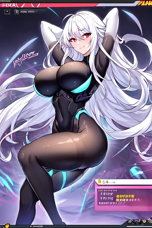 1girl, white hair, large breasts, breasts, thick thighs, wide hips, red eyes, bodysuit, black bodysuit, pantyhose, long hair, light smile, happy, science-fiction, tech, futuristic, black pantyhose, thighhighs, neon, machinery, neon trim, anime style, 2d, anime screencap, blue neon trim, hip sway, swaying hips, bouncing breasts, arms behind back, hands behind head, arms behind head, dancing, dance, hourglass figure, ass, from behind