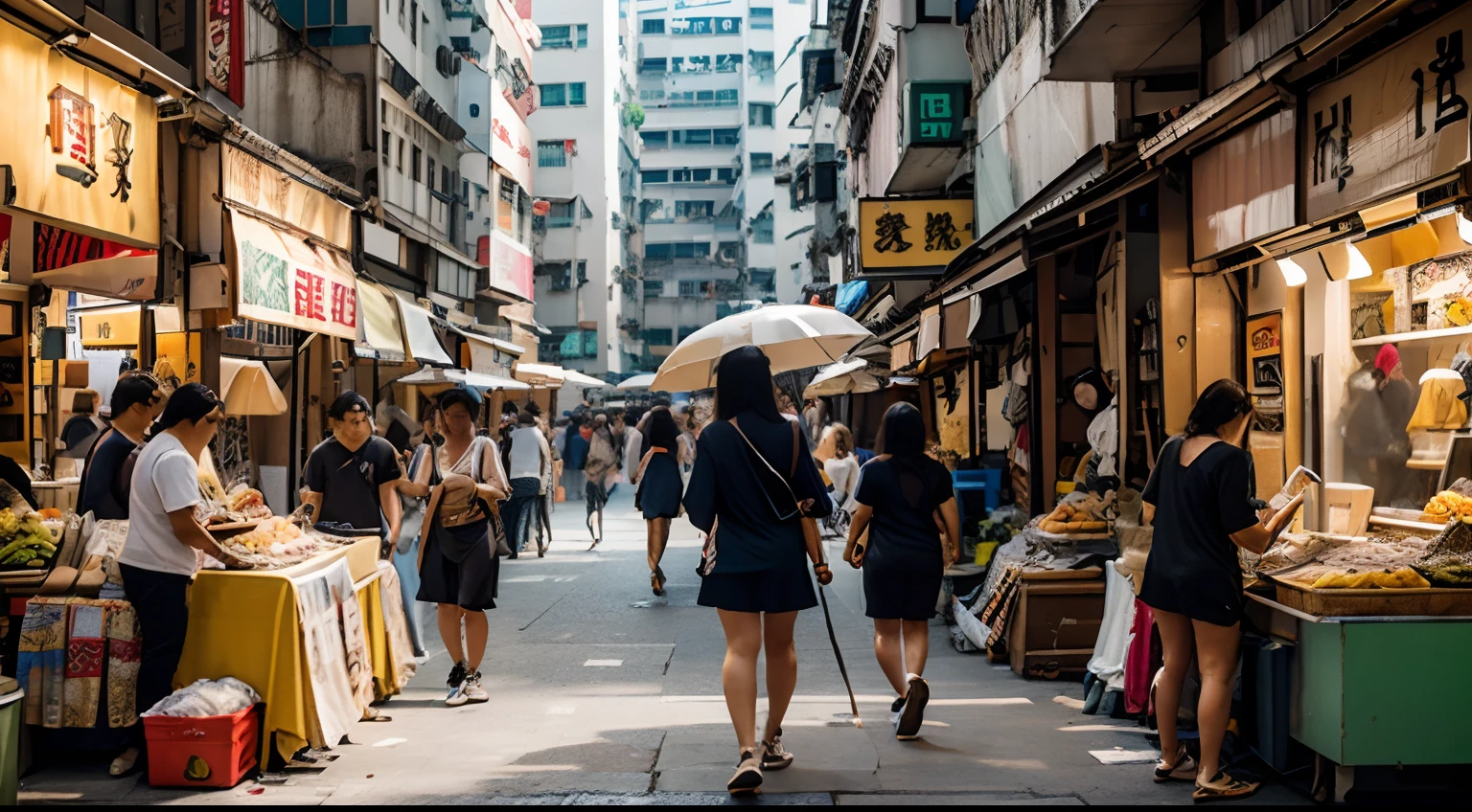 a hyper realistic photography of Street Markets in hong kong, no people, no words, Nikon D850 DSLR 4k camera, 100mm lens, F 1.2 aperture setting, bright and natural lighting, vibrant, fun and relaxing atmosphere