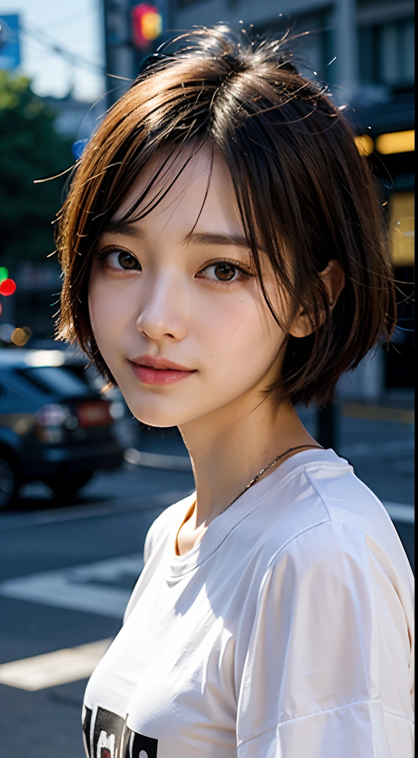 masterpiece、one beautiful women、A detailed face、A detailed eye、Detailed skin、top-quality、japanes、Illuminated from the front with bright lighting、profetional lighting、Always face straight ahead、The background is a little blurry、24 year old、In the background, There are many PC monitors lined up and the wiring is bare.、Streets lined with cyberpunk buildings、Wearing a rock and punk t-shirt、A smile、short-cut、