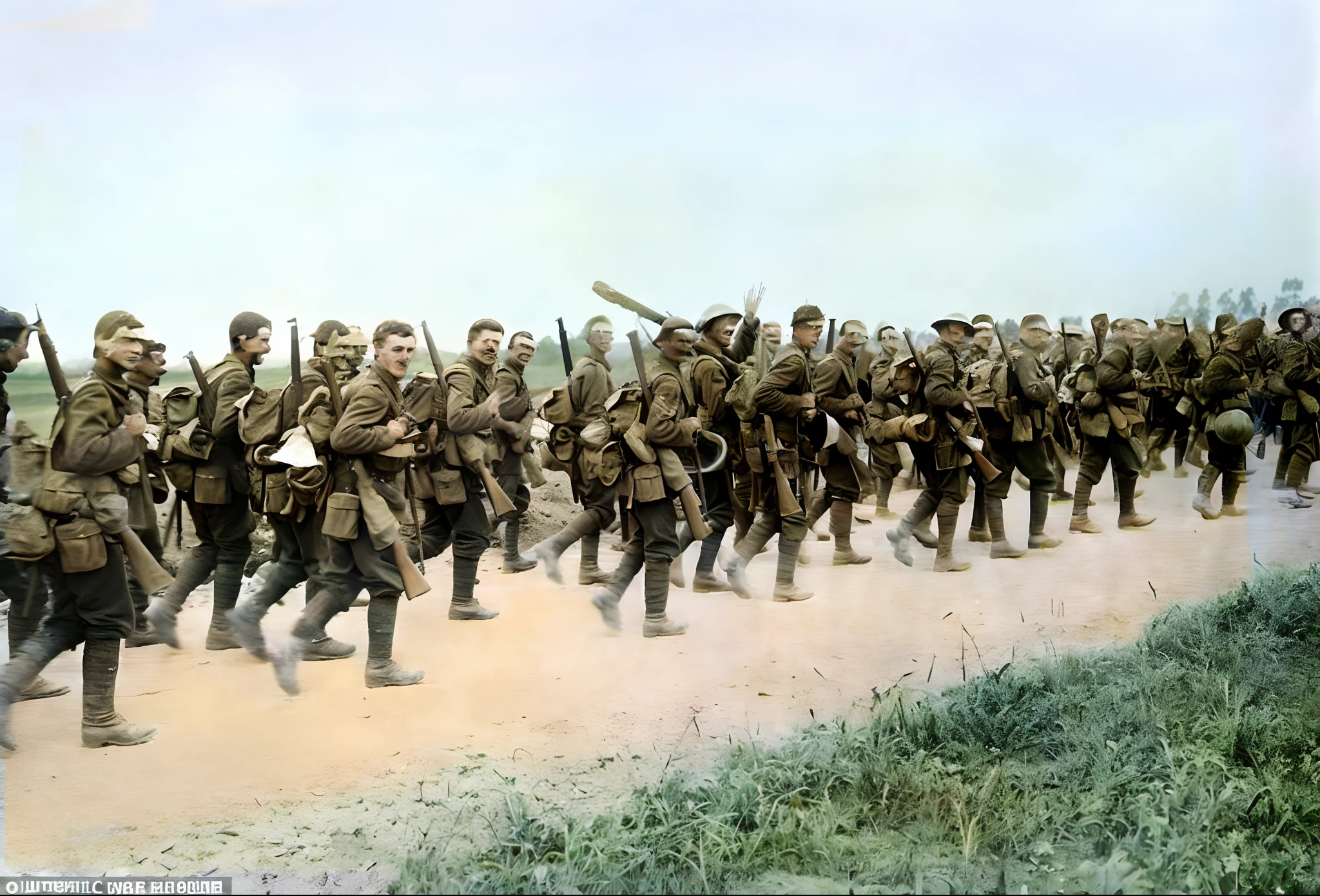 soldiers marching down a dirt road with their rifles, soldiers running, ww1 photo, soldiers charging in, fight ww 1, ww1, ww 1, russian ww 1, wwi, colourised, ww1 film photo, world war one, colourized, taken on a ww 1 camera, infantry, world war 1, first world war, on the battlefield