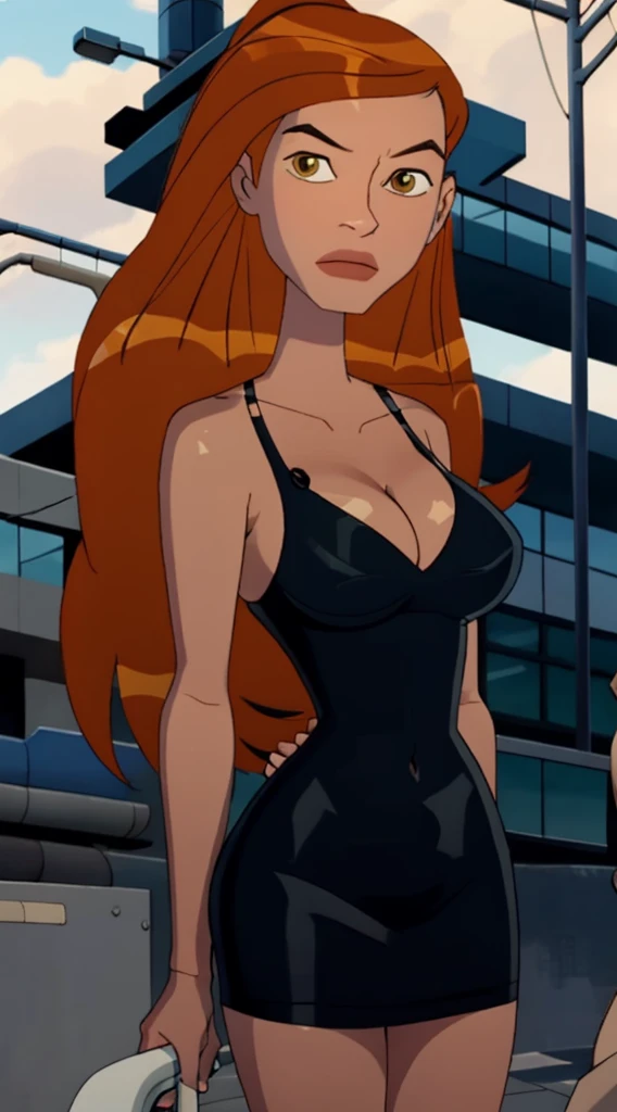 fashionable, Long orange hair, Soft expression, cleavage, Big breasts, dress, streetwear, In the street, cowboy shot