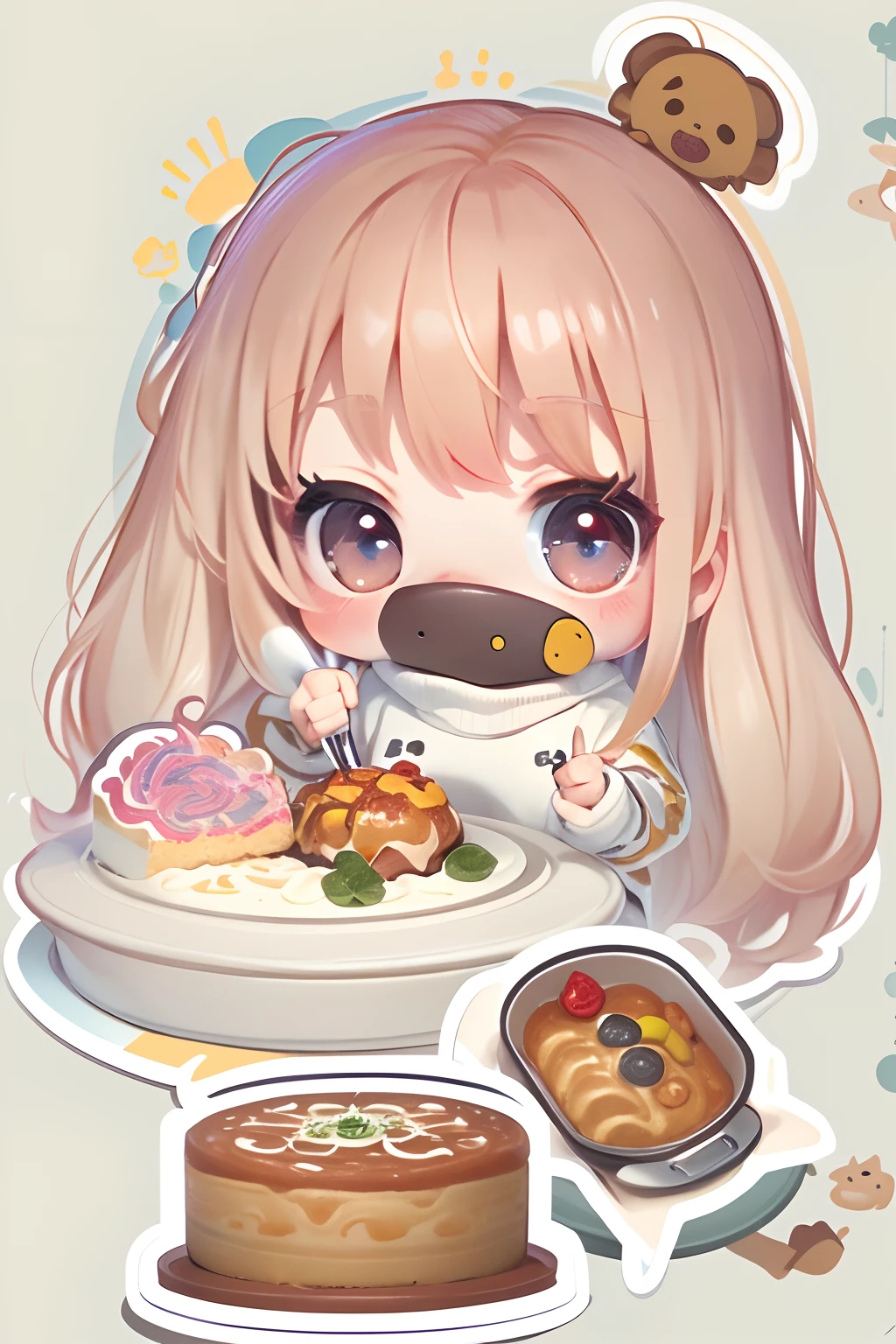 best quality, masterpiece, kyrielight mash, solo, 1girl, black eyes, white turtleneck shirt, (chibi: 0.6), light red hair, sticker, emoji, cute, white background, ((making food))