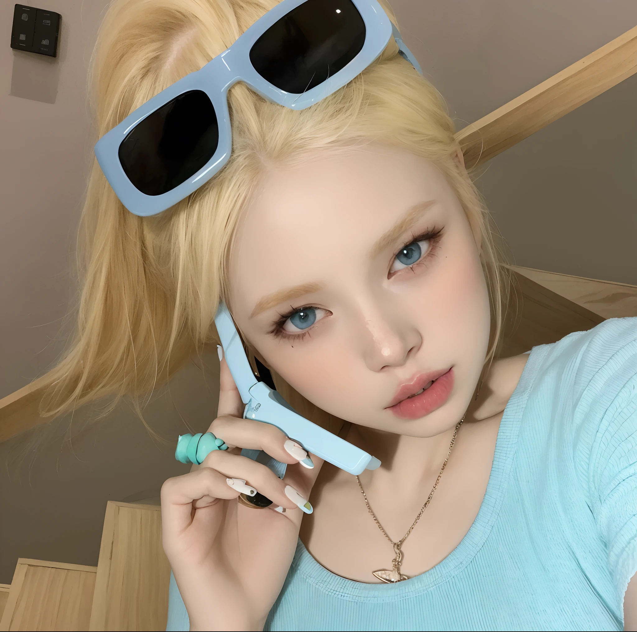 Blonde woman wearing sunglasses talking on cell phone, Cabello liso azul cielo, pale bluish skin, Ava Max, Hada Ellie Bamber, ulzzang, Eva Elfie, foto de perfil, color pastel, cabello rubio muy, very pale, extremely pale blond hair, pale fair skin!!, cabello rubio y ojos grandes, Ojos azul pastel, Ellie Bamber, pale blue skin
