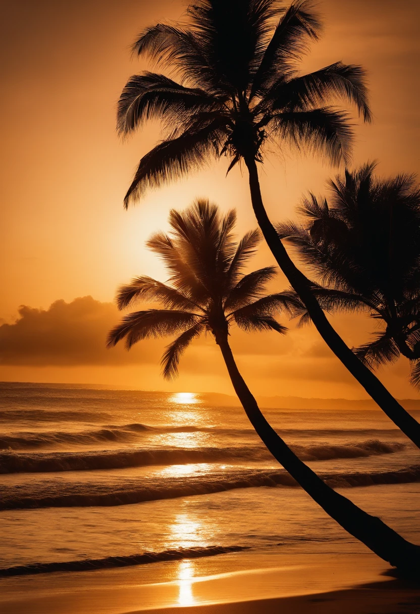 tropical，beachside，the setting sun，the sunset，coconut palms，Delicate sandy beach