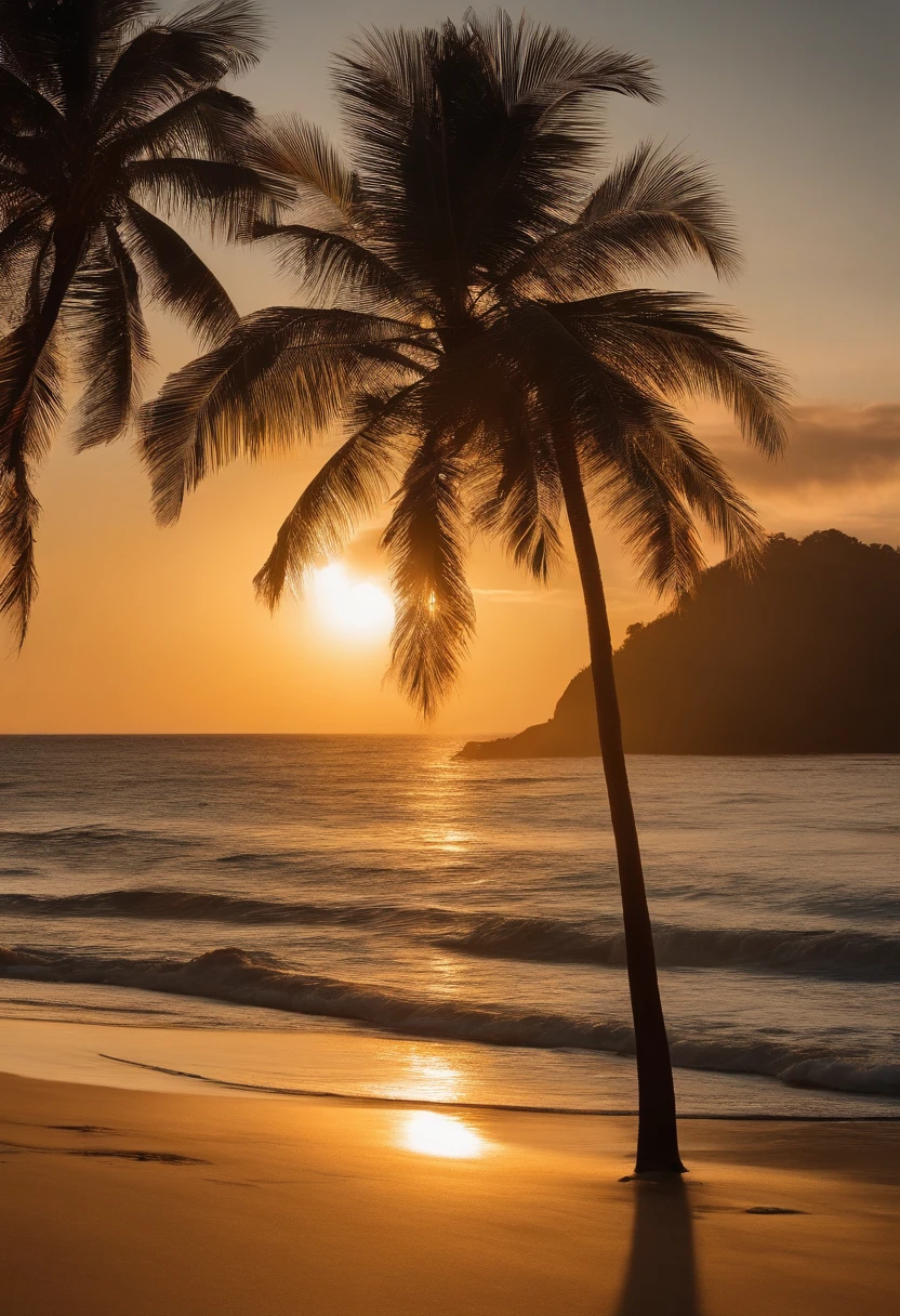 tropical,beachside,the setting sun,the sunset,coconut palms,Delicate sandy beach