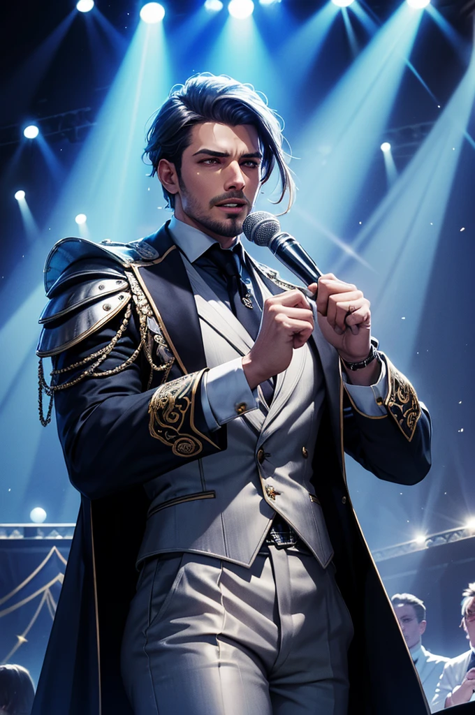 Dibuja a un caballero con armadura divina de color plateado con brillos y auras azules, He will be on a stage singing passionately to an equally passionate audience on a dark stage where a light shines on the gentleman. The image will be captured from a distance, Focusing on the public and the gentleman. The gentleman will show the gestures of singing a trap song/rap/hip hop.