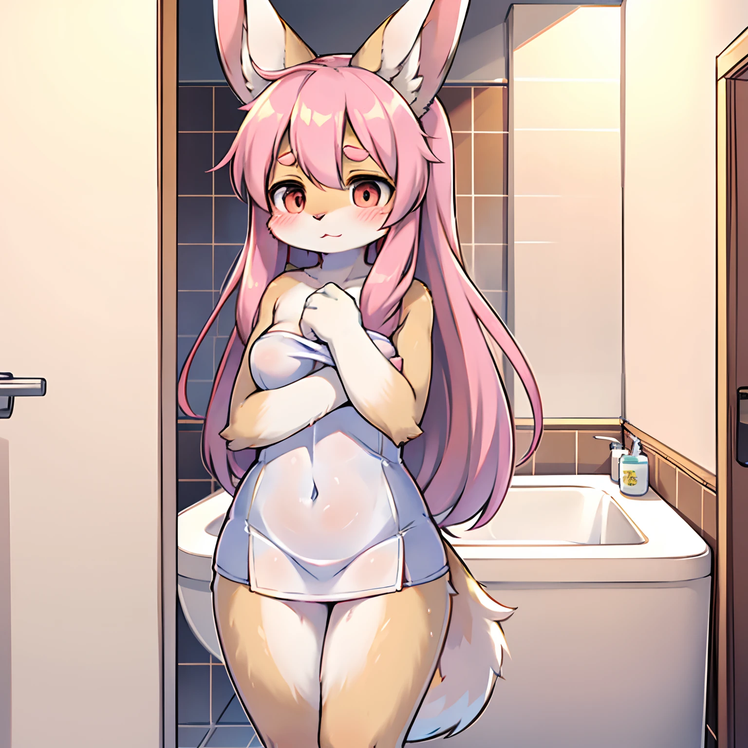 furry, Furry women, solo, Holland lop breed rabbits, Round tail, Pink rabbit tail, Pink rabbit ears, Floppy ear, long-haired, Long pink hair, Bathroom Scene, Shower, bath towel, bathing towel, Shy,