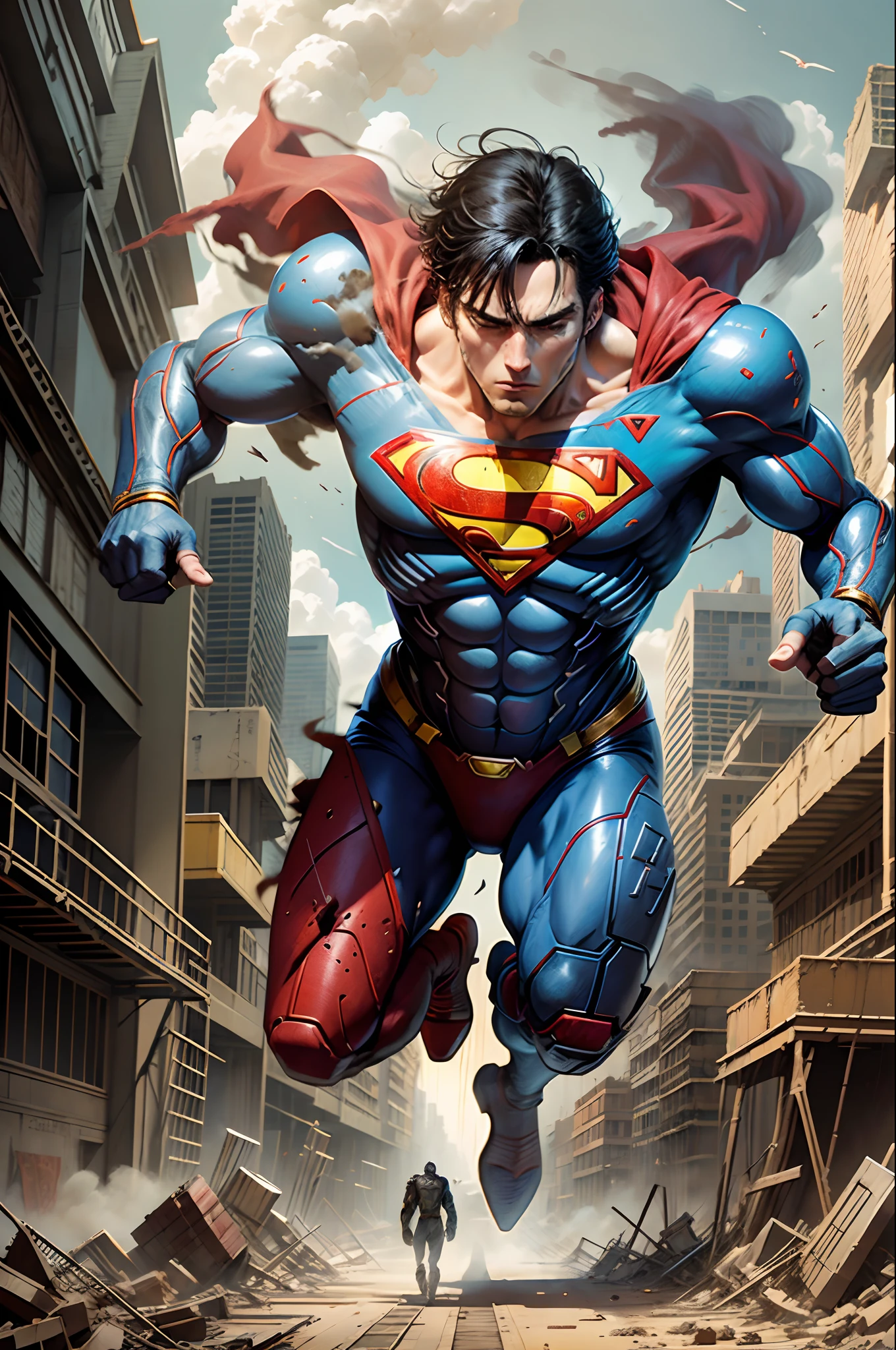 Superman and a robot fight in the air, the ruined city is burning with flames --auto --s2