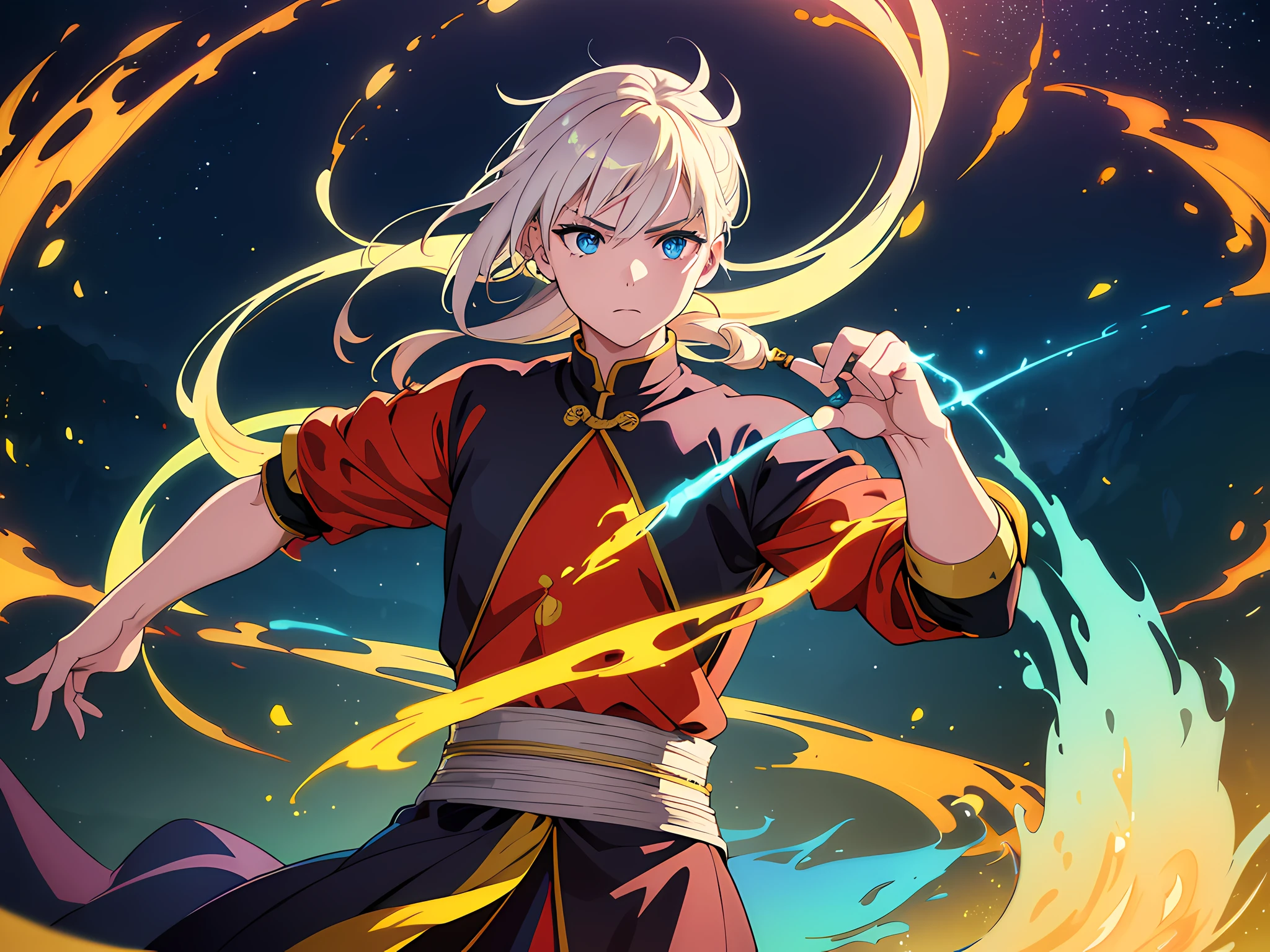 ((1 man)), ((realistic: 1.5)), ((best quality)), ((primary work)), ((detailed)), ((high quality)), ((sharp focus)), ((beautiful eyes finely detailed)), A Kung Fu artist, showing His feats in the martial arts in a small bamboo training field. He does a dynamic fighting pose, ready to puch, flames coming out from his fist, Swirling rainbows and lights on complex background, magical atmosphere, colorful glowing magic spell in the air, swirling portal, dark magic, masterpiece, high-resolution. Lighting is dramatic, emphasizing their determination. This scene captures the essence of Aftermath's journey to becoming a legendary warrior.