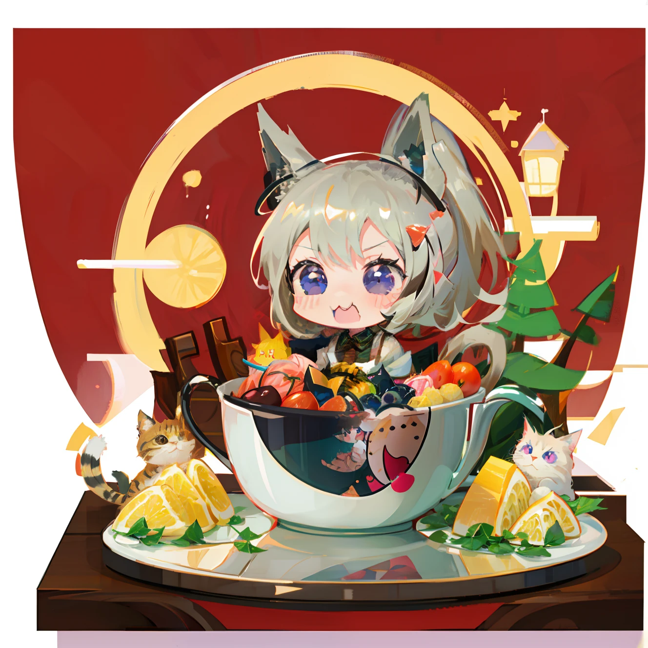 Anime cat with a plate of food and two cats, anime visual of a cute cat, anime cat, cute anime catgirl, Cute!! Chibi!!! catgirl, Cute art style, anime catgirl, Cute cat, cute detailed digital art, neferpitou, pixiv, sora as a cat, Nekomimi, nyaruko-san, Cute Anime