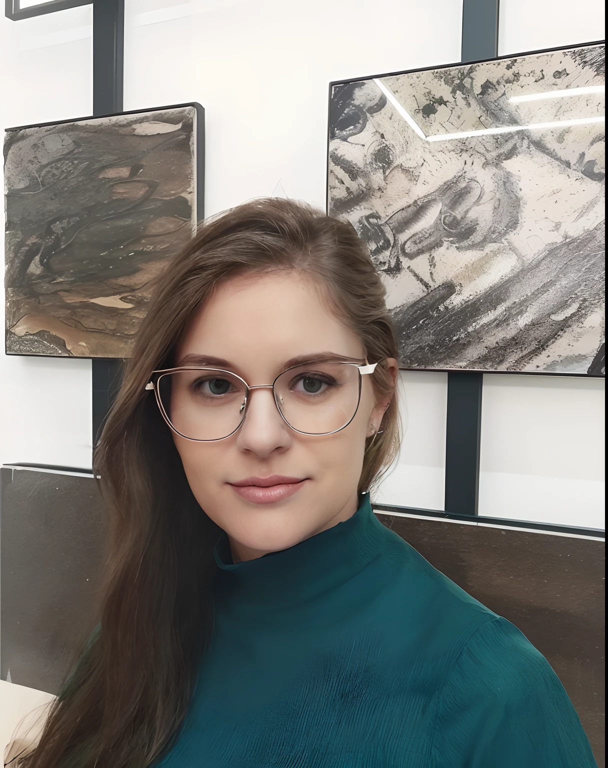 A 31-year-old white woman wearing glasses, cabelos longos e lisos castanhos escuros, wearing a green blouse with a closed collar at the neck