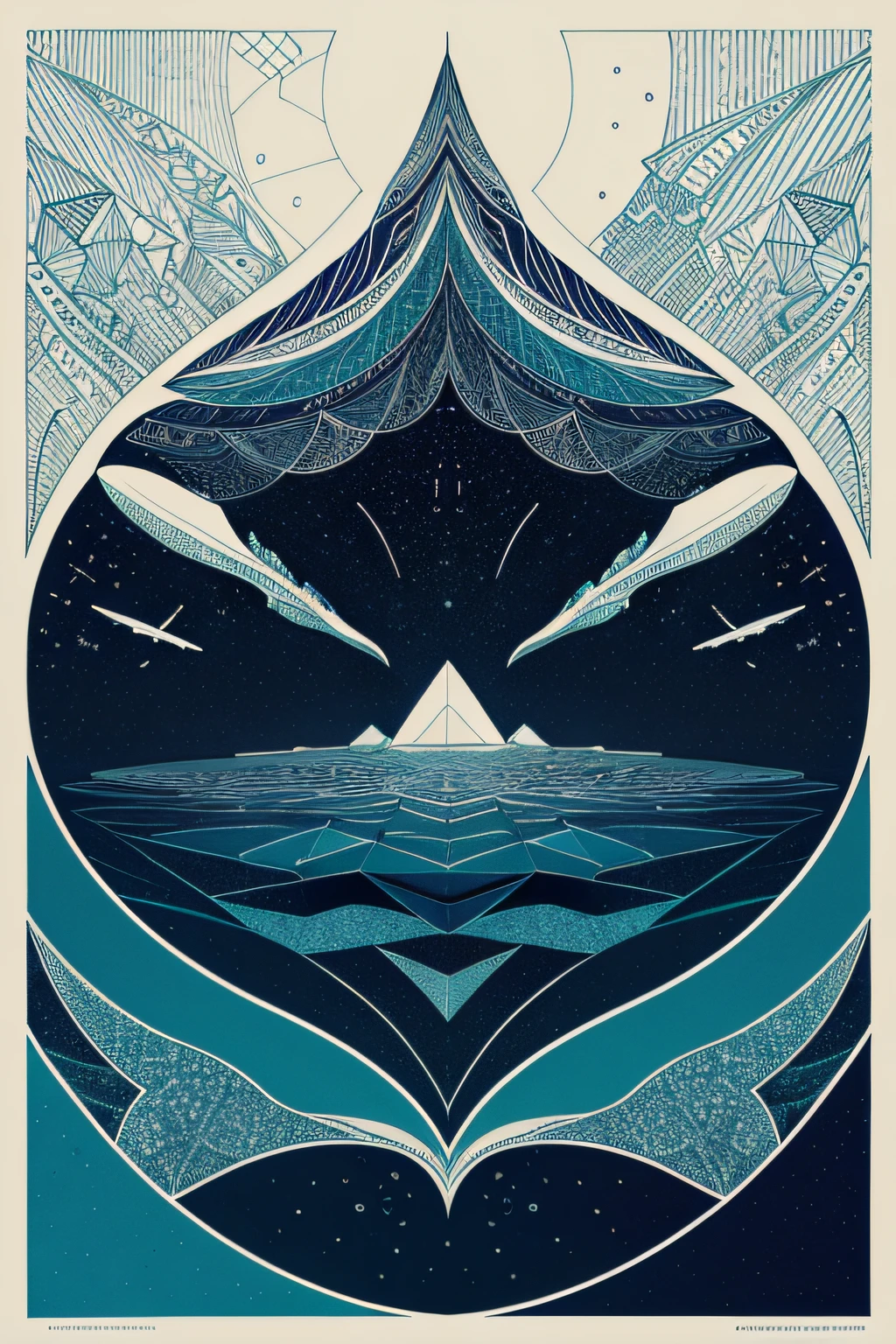 Multiple geometric elements combine graphic and colorful images，There is a sense of flow，pen and ink on paper，A sea of whales made up of geometric figures，The graphics are full and rich，A sense of space in front and back