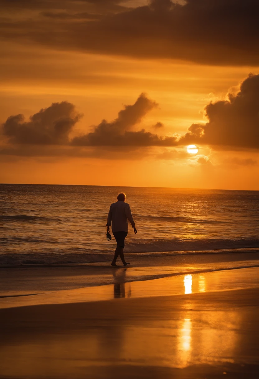 tropical，beachside，the setting sun，the sunset，coconut palms，Delicate sandy beach，An old man walks on the seashore，Back Shadow