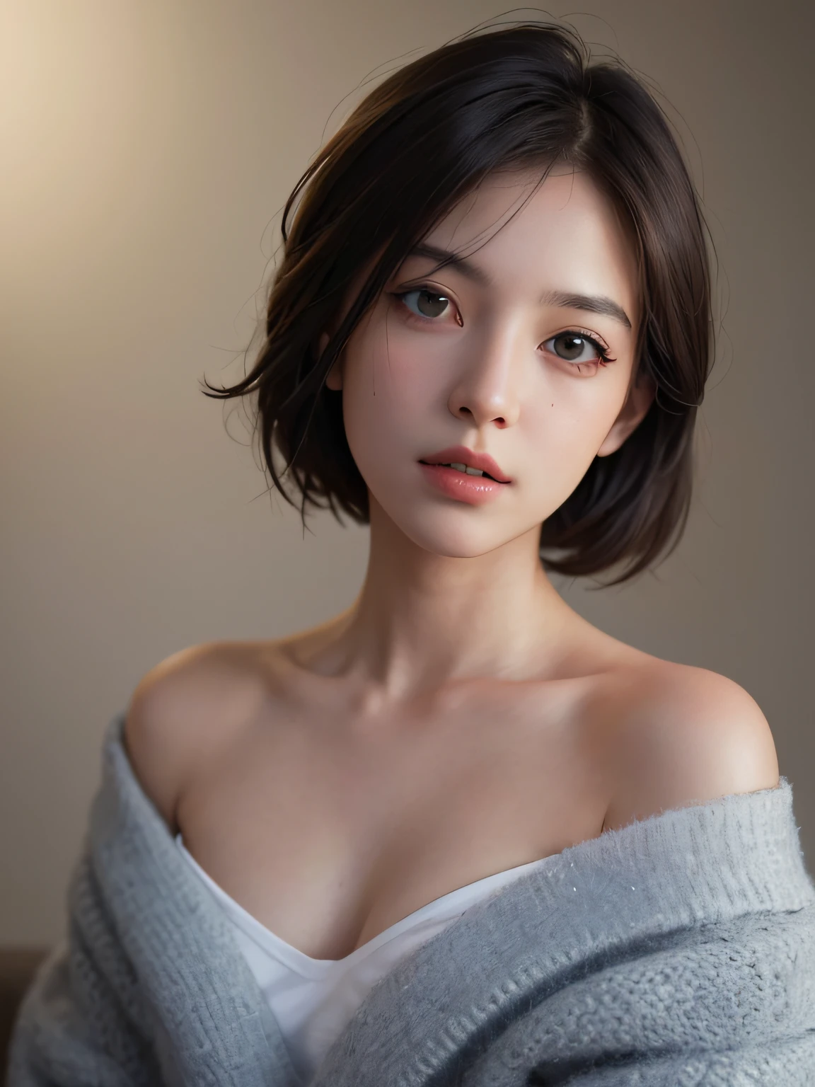 (masterpiece:1.2,high quality), One girl, ((Ultra-Realistic Details)), (Realistic beautiful Japanese girl face)、｟Upper body close-up｠、(((Completely naked)))、((((short hair))))、(((small, Flat Chest:1.4)))、Global Illumination, Shadow, Absurd, Octane Rendering, 8K, Ultra Sharp, Metal, Complex, Decorations detailed, highly Complex details, ((A clean and pretty face)), Equipment, Bobcut,(((((Her face and body are smeared with brown, realistic poop)))))