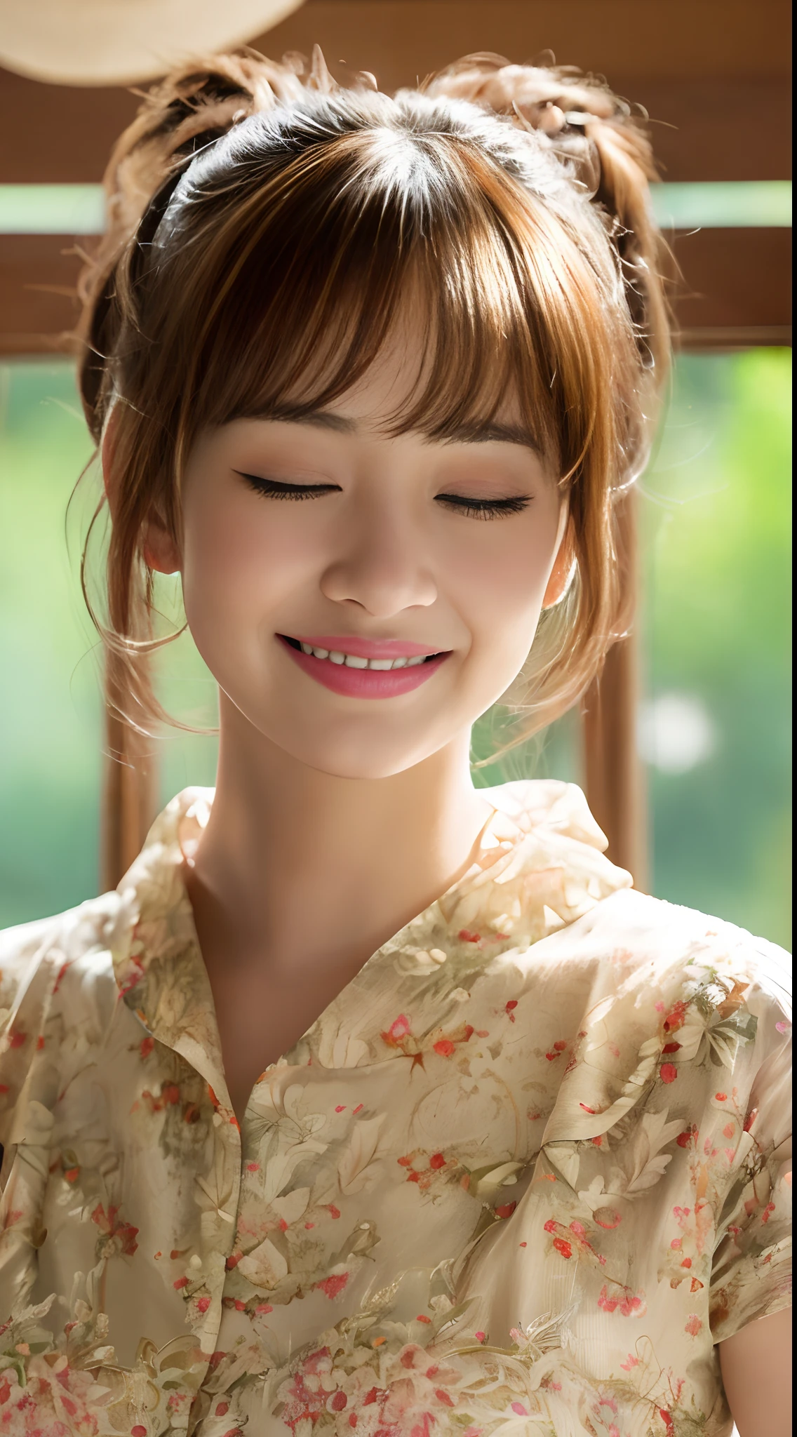masutepiece, Best Quality, Illustration, Ultra-detailed, finely detail, hight resolution, 8K Wallpaper, Perfect dynamic composition, Beautiful detailed eyes, a room, Natural Color Lip,20 years girl,Perfect and beautiful face, Eyes closed、little smiling、a room、Background blur