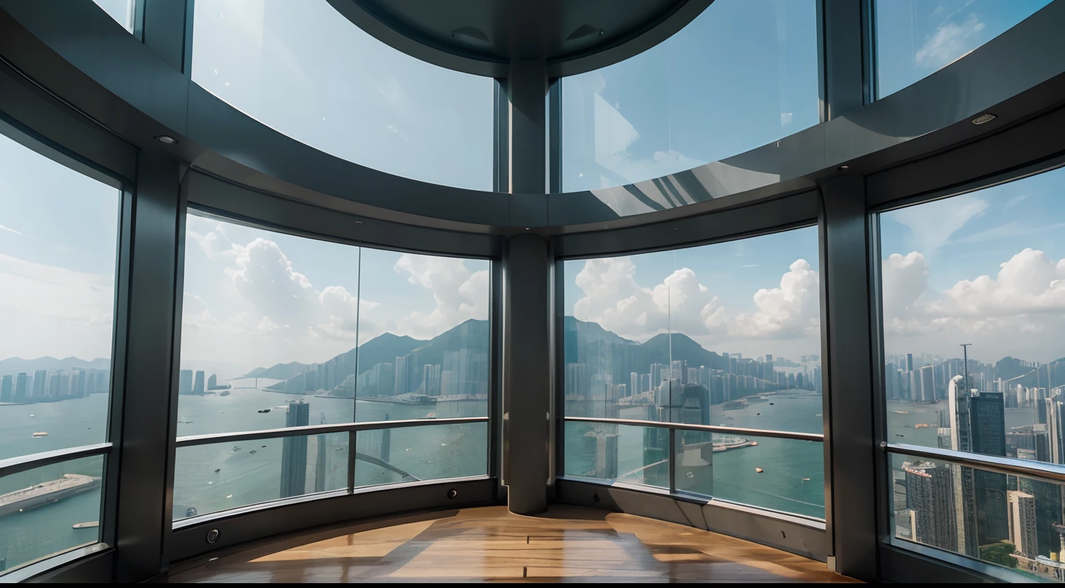 a hyper realistic photography of Observation Decks in the tower in hong kong, no people, no words, Nikon D850 DSLR 4k camera, 100mm lens, F 1.2 aperture setting, bright and natural lighting, vibrant, fun and relaxing atmosphere