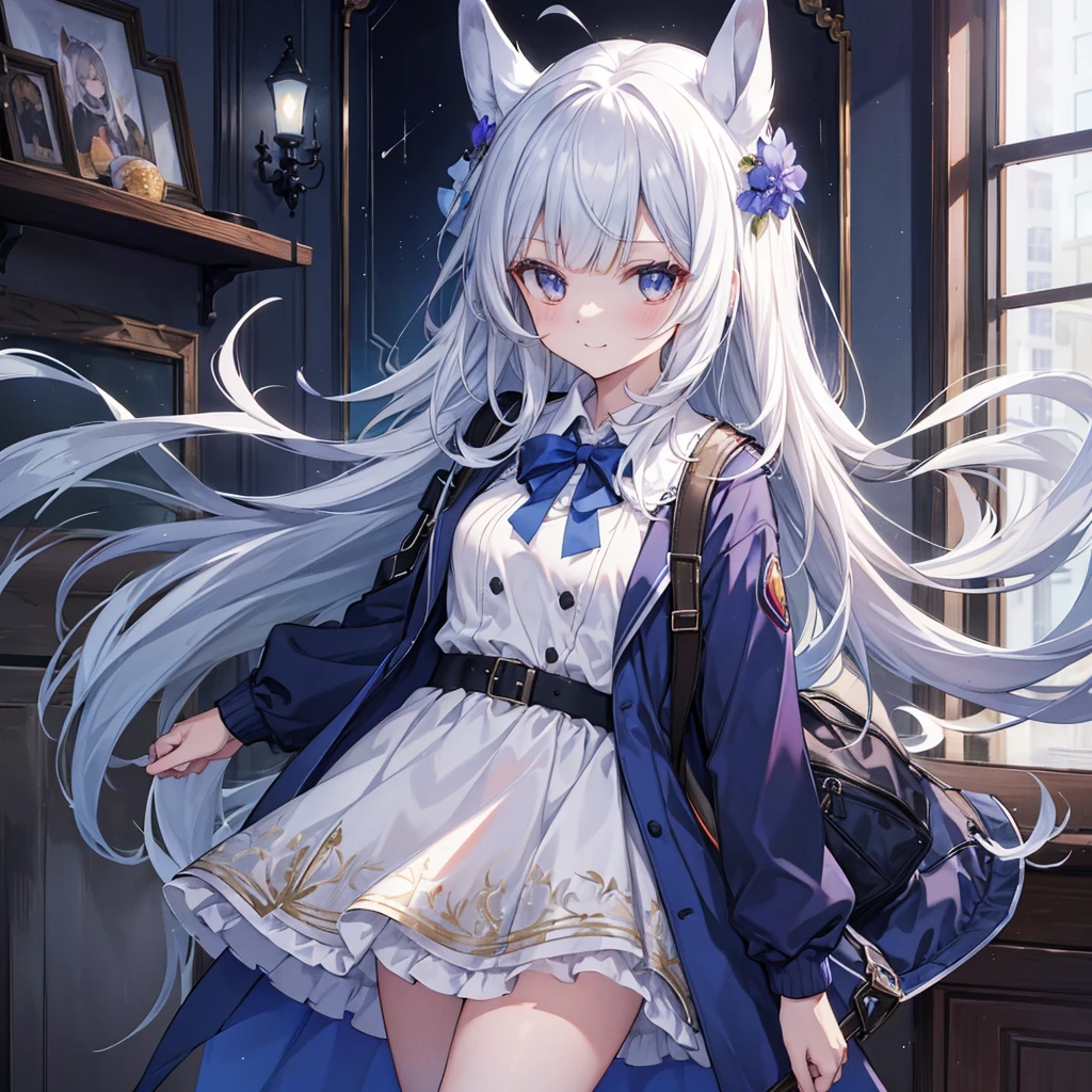 spezial_Woche_(Umamusume), Fudangi, Haarspange, Blaue Jacke, Offener Mantel, Kleid mit Print, rosafarbenes Kleid, Schaufensterbummel, small boobs, hight resolution, upper body, smil, white backpack, nur, Beast Quality