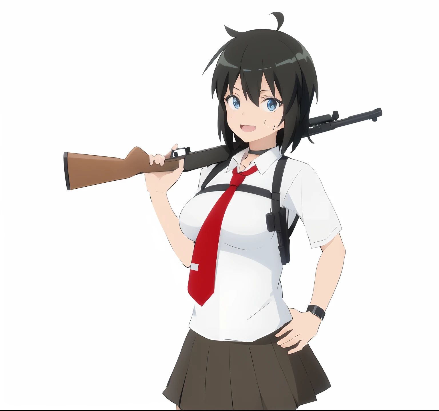 Anime girl with a gun and tie holding a rifle, With a rifle., Female Action Anime Girls, Gapmo Yandere, Hold a rifle., Female anime characters, Hold a rifle., Carrying a rifle, anime moe artstyle, Yandere, Young Anime Girl, Kantai Collection Style, Had a rifle in his hand., As an anime character, flat anime style, an anime girl