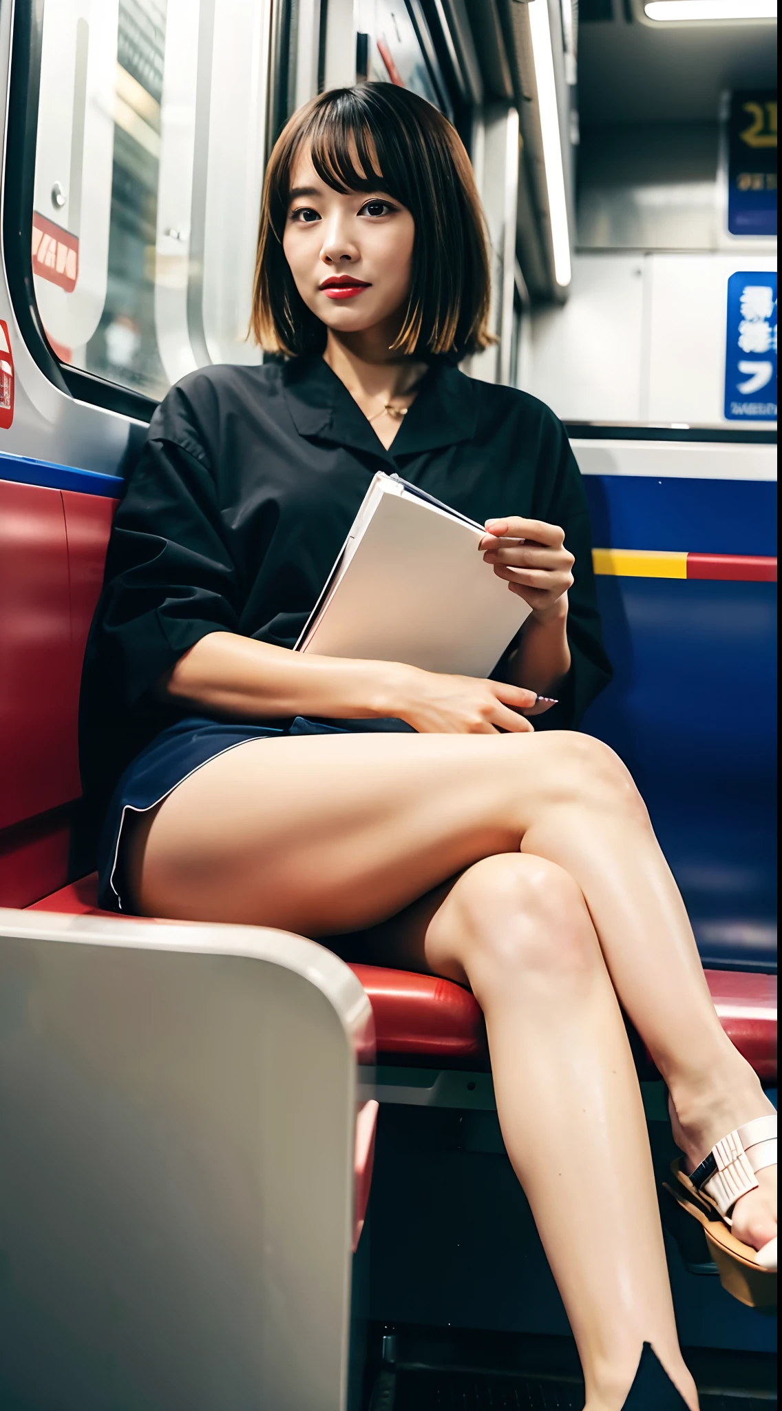 「(masutepiece, High quality, Ultra High Quality, 4K)A dark-haired、30 years old Japan girl、OL、Emphasis on the thighs、white thighhig,Soft thighs、Glossy thighs、Navy jacket:1.2、Sitting on the train at night、smil:1.3、The inside of the skirt is white panties:1.3、Opening legs:1.5、Face-to-face angle,(Angle from below),Sitting in a train seat,Sitting at the front，Zoom camera in the crotch,Feet are on the floor of the train,full body Esbian,Watching the viewer only」, Best Quality, Ultra high definition, (Photorealistic:1.4),, High resolution, detail, Raw photo, Sharp Re, Nikon D850 Film Stock Photo by Lee Jefferies 4 Kodak Portra 400 Camera F1.6 lens rich colors hyper realistic lively textures dramatic lighting unreal engine artstation trends cinestir 800,
