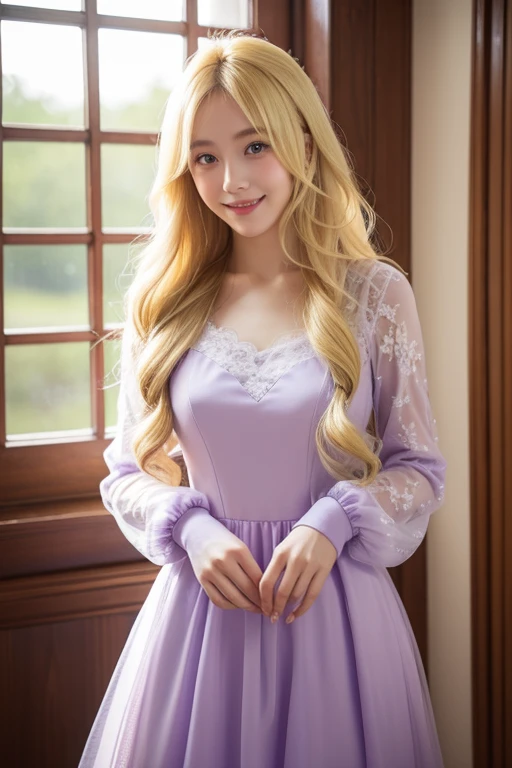 solo person，fully body photo，In front of the window in the castle，Has a beautiful pair of delicate eyes。詳細な目, 二重まぶた，Whiten skin，Real hair and skin，ssmile:1.7，Toothy smile，((Long curly blonde hair)),(Light purple dress:1.6，longer sleeves:1.1) , The depth of field in the photo was perfect，Lens flare adds a nice touch。The delicate details on her face really stand out，