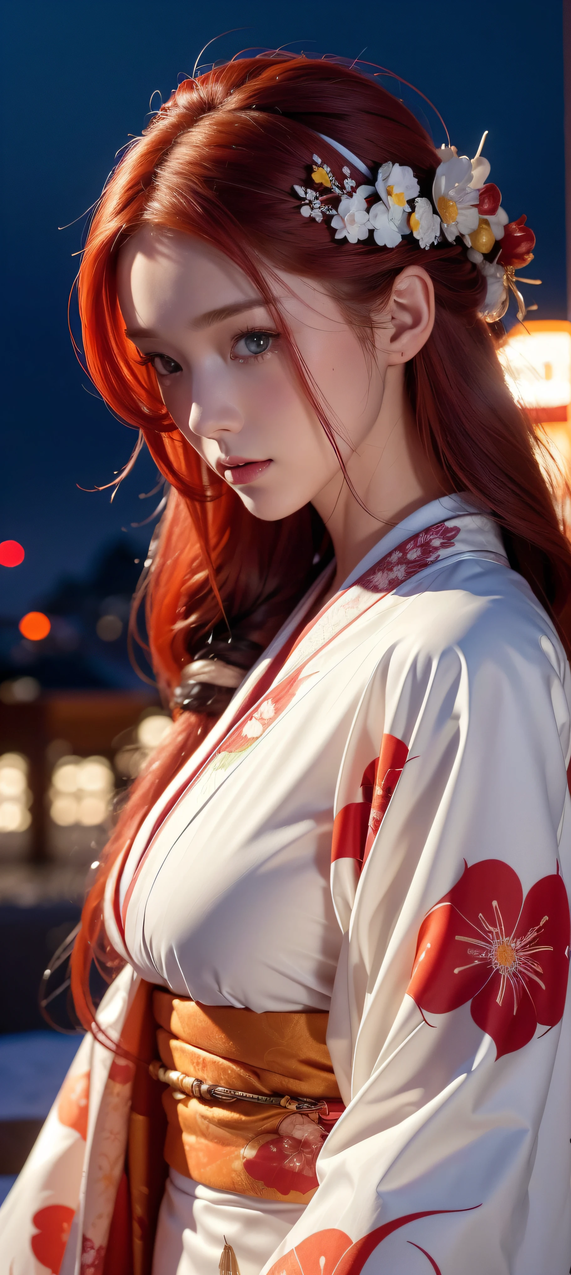 woman, (wearing colorful kimono_clothes), very long white and red hair, white and red hair, mixed color hair, holiday, good hand,4k, high-res, masterpiece, best quality,((Hasselblad photography)), finely detailed skin, sharp focus, (cinematic lighting), night, soft lighting, dynamic angle, (detailed face), outside,