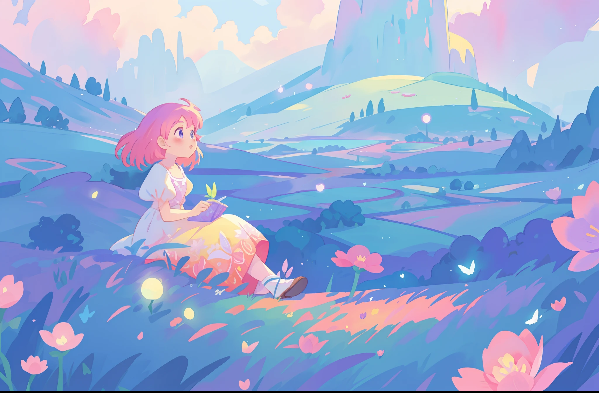 beautiful girl in flowing gradient dress sitting in a field of flowers, beautiful fantasy landscape, vibrant colors, (((otherworldly landscape))), whimsical landscape, purples pinks blues, watercolor illustration, disney art style, glowing lights, beautiful digital illustration, fantasia otherworldly landscape plants flowers, beautiful, masterpiece, best quality, anime disney style