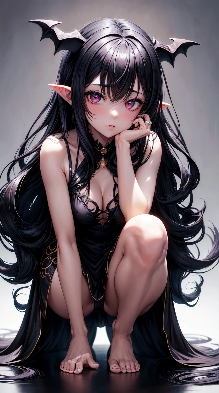 anime girl with long hair and a black dress posing, demon anime girl, beautiful succubus, succubus in tight short dress, seductive anime girl, anigirl batman, the anime girl is crouching, small curvy , beautiful anime girl squatting, succubus, mika kurai demon, anime monster girl, [ 4 k digital art ]!!, (ultra high res, best quality,), (8k, raw photo, best quality, masterpiece), technological sense, best quality, masterpiece, illustration,CG ,unity ,wallpaper, official art, Amazing, finely detail, an extremely delicate and beautiful,extremely detailed, highly detailed, sharp focus,rich background, (real person,photograph), ((high detailed skin))
