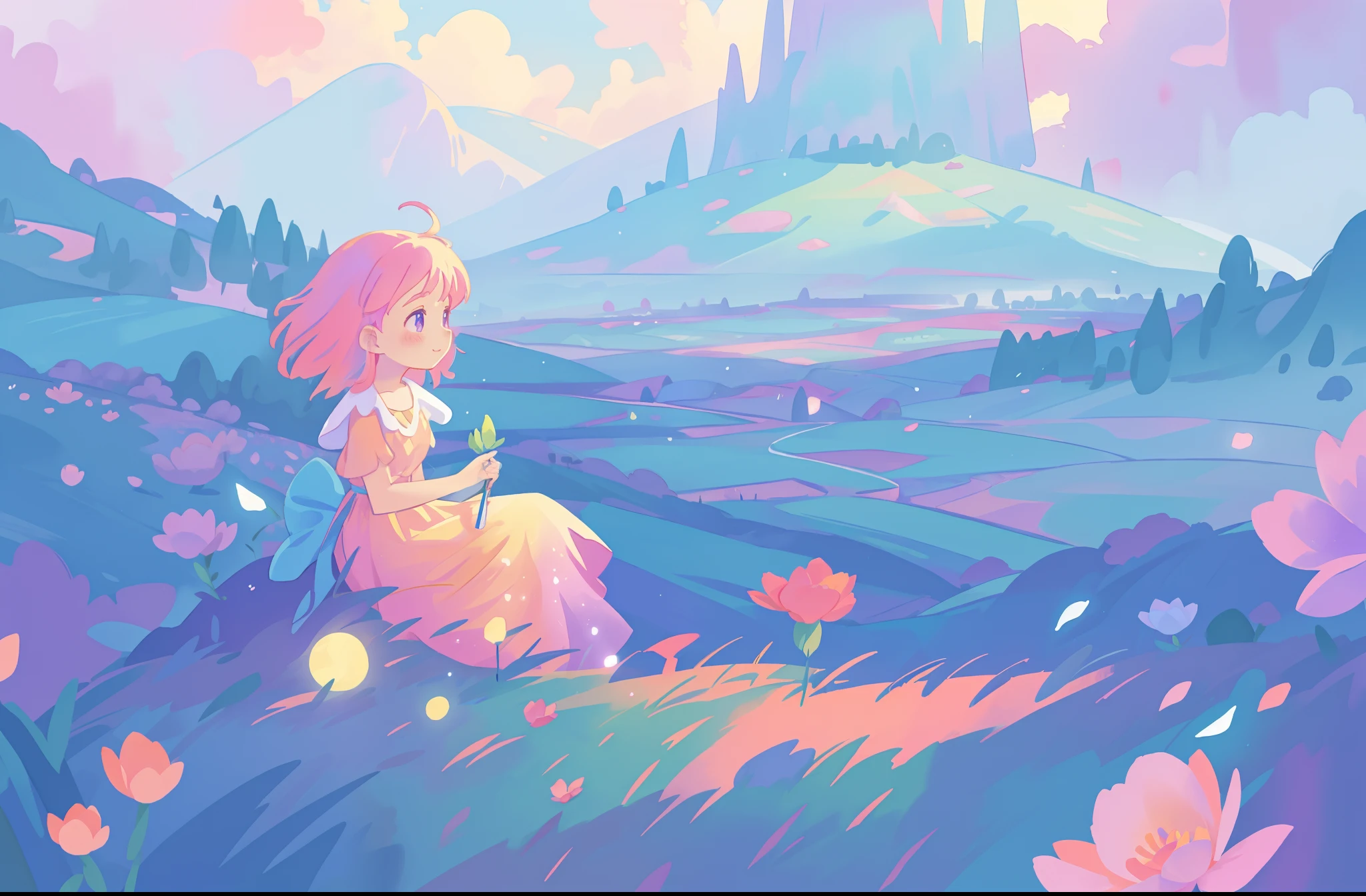 beautiful girl in flowing gradient dress sitting in a field of flowers, beautiful fantasy landscape, vibrant colors, (((otherworldly landscape))), whimsical landscape, purples pinks blues, watercolor illustration, disney art style, glowing lights, beautiful digital illustration, fantasia otherworldly landscape plants flowers, beautiful, masterpiece, best quality, anime disney style