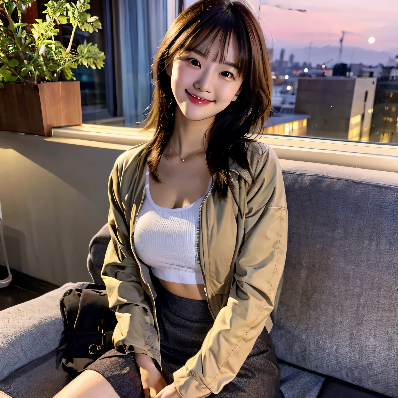 (Photoreal: 1.4), 20-year-old, asian, , skirt, crop top, jacket, balcony, night time, smirk, sitting on couch