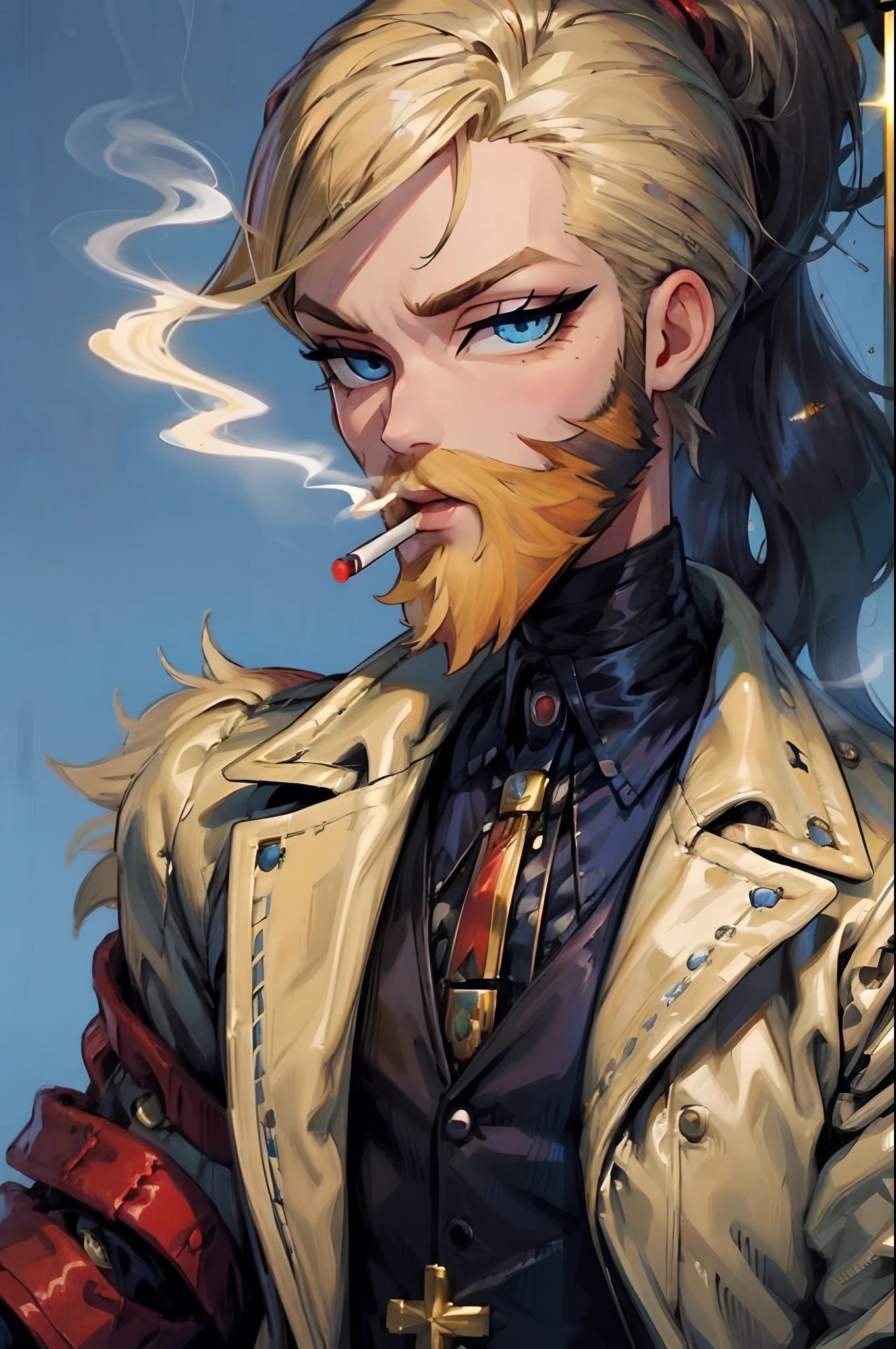 1 smoking man, smoking massive blunt, smoking a joint, smoking weed, Bratz Boy, 1 male Bratz, blonde, bearded, blue eyes, brown cigarette