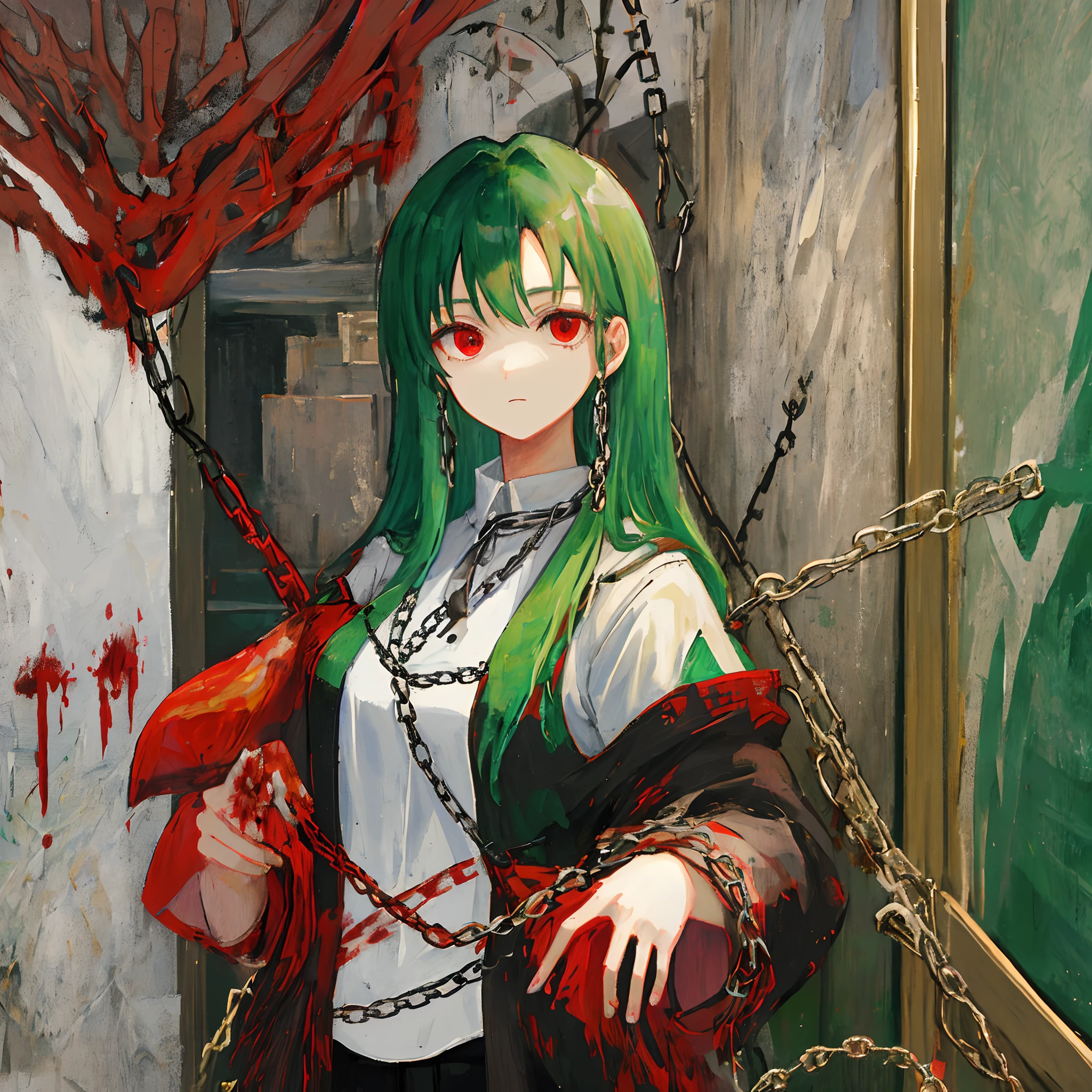 masterpiece, 1 girl, upper body, looks at the viewer, paintings, portaitrs, in doors, red eyes, blood, mint green hair, chain, many details