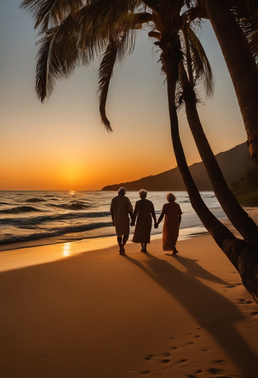 tropical,beachside,the setting sun,the sunset,coconut palms,Delicate sandy beach,An elderly couple sits on the beach,Back shadow,looking at the ocean,