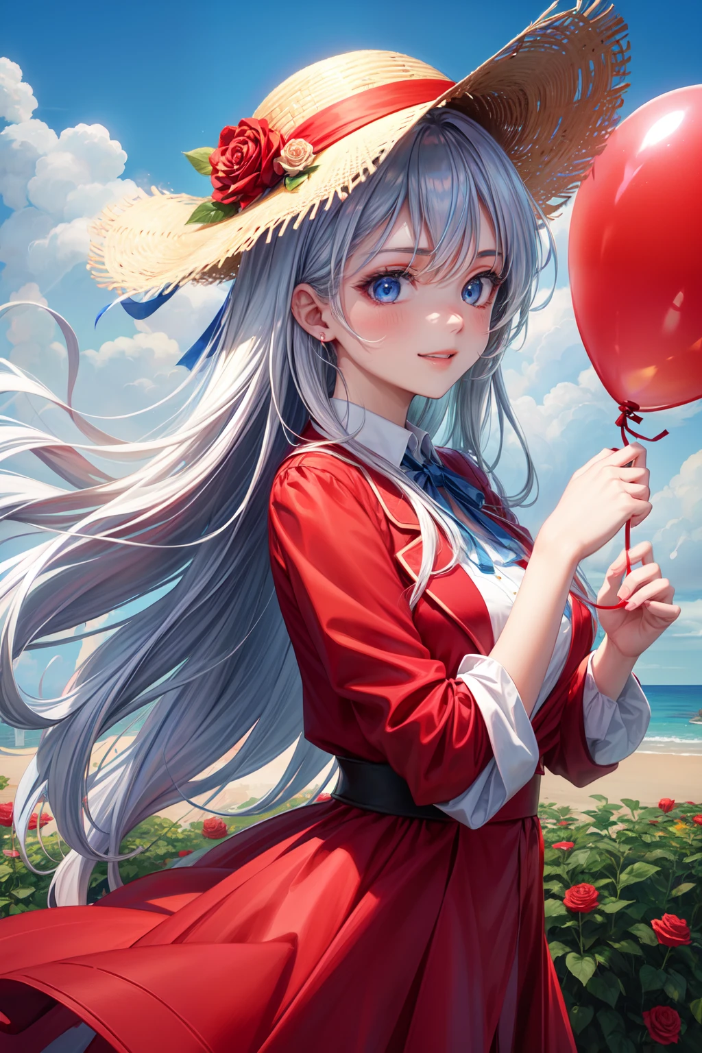 1womanl, top-quality、lighting like a movie、Silver hair long hair、a smile、bustup、Wear a straw hat、blue eyess、Red Blazer、Holding a transparent balloon in his left hand、There is a red rose in the balloon、View from above、White castle on background、Mouth open、