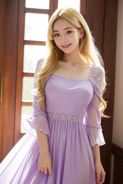 solo person,fully body photo,Stand in front of the window in the castle,Has a beautiful pair of delicate eyes。詳細な目, 二重まぶた,Whiten skin,Real hair and skin,ssmile:1.7,Toothy smile,((Long curly blonde hair)),(Light purple dress:1.6,longer sleeves:1.1) , The depth of field in the photo was perfect,Lens flare adds a nice touch。The delicate details on her face really stand out,