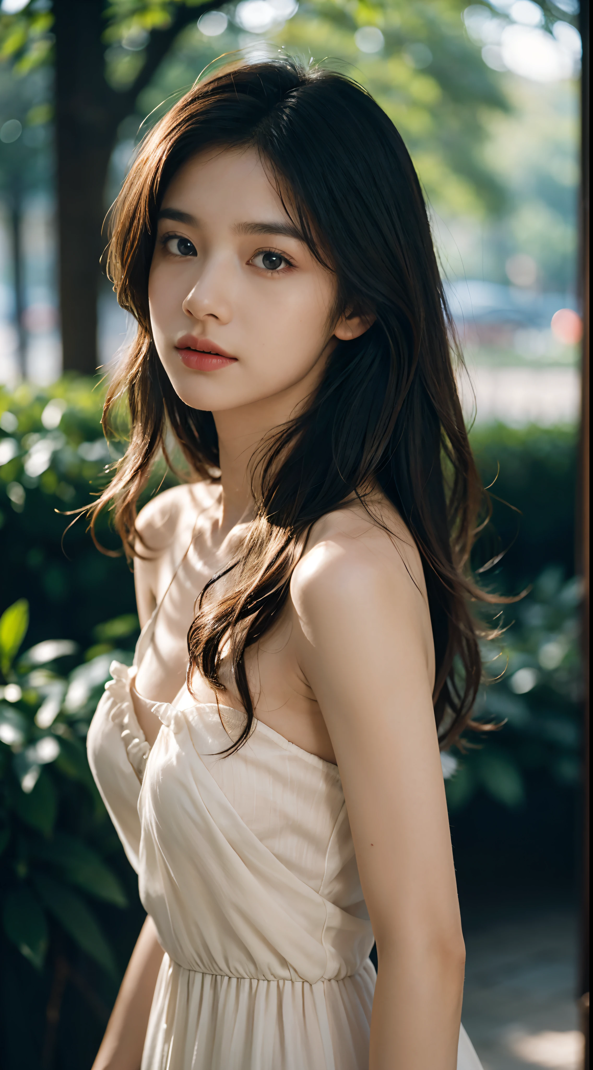 film portrait photography, 1girl, bare shoulders, wavy shoulder-length hair, serene, calm, (realistic detailed eyes, natural skin texture, realistic face details), soft dramatic lighting, depth of field, bokeh, vibrant details, finely detailed, hyperrealistic, 35mm film, hazy blur