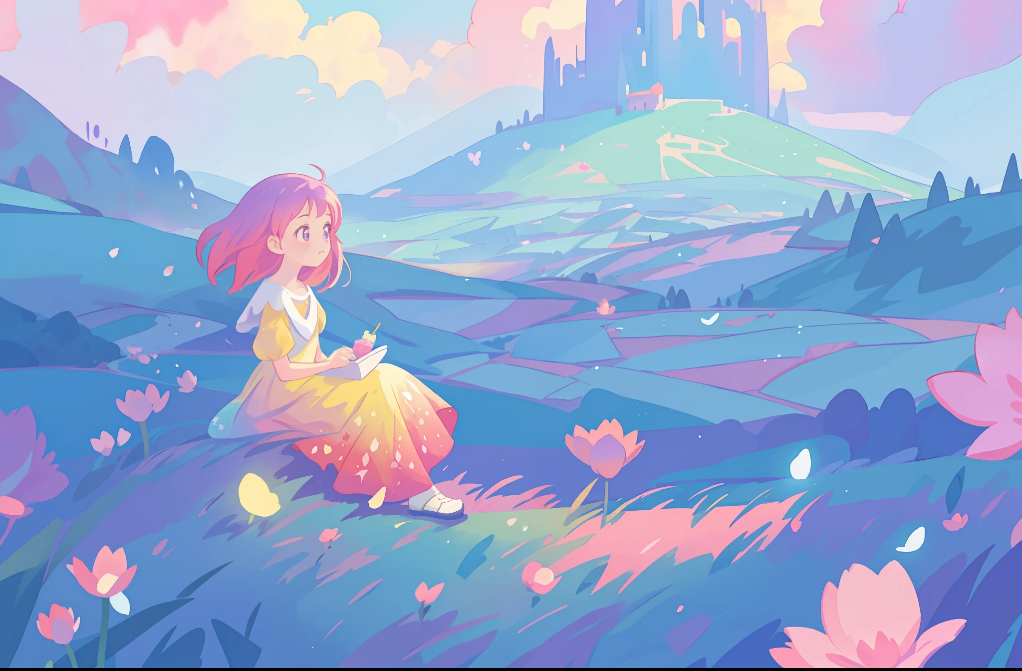 beautiful girl in flowing gradient dress sitting in a field of flowers, beautiful fantasy landscape, vibrant colors, (((otherworldly landscape))), whimsical landscape, purples pinks blues, watercolor illustration, disney art style, glowing lights, beautiful digital illustration, fantasia otherworldly landscape plants flowers, beautiful, masterpiece, best quality, anime disney style