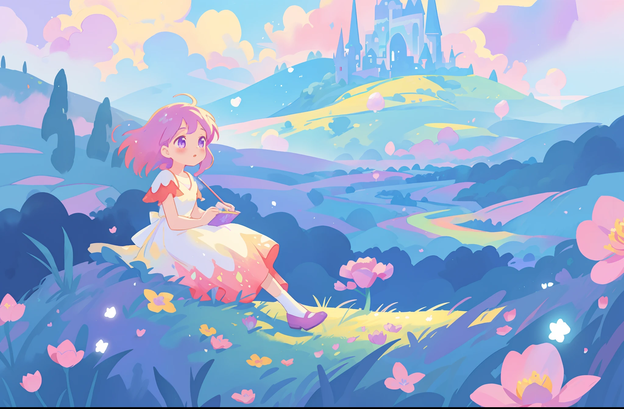 beautiful girl in flowing gradient dress sitting in a field of flowers, beautiful fantasy landscape, vibrant colors, (((otherworldly landscape))), whimsical landscape, purples pinks blues, watercolor illustration, disney art style, glowing lights, beautiful digital illustration, fantasia otherworldly landscape plants flowers, beautiful, masterpiece, best quality, anime disney style