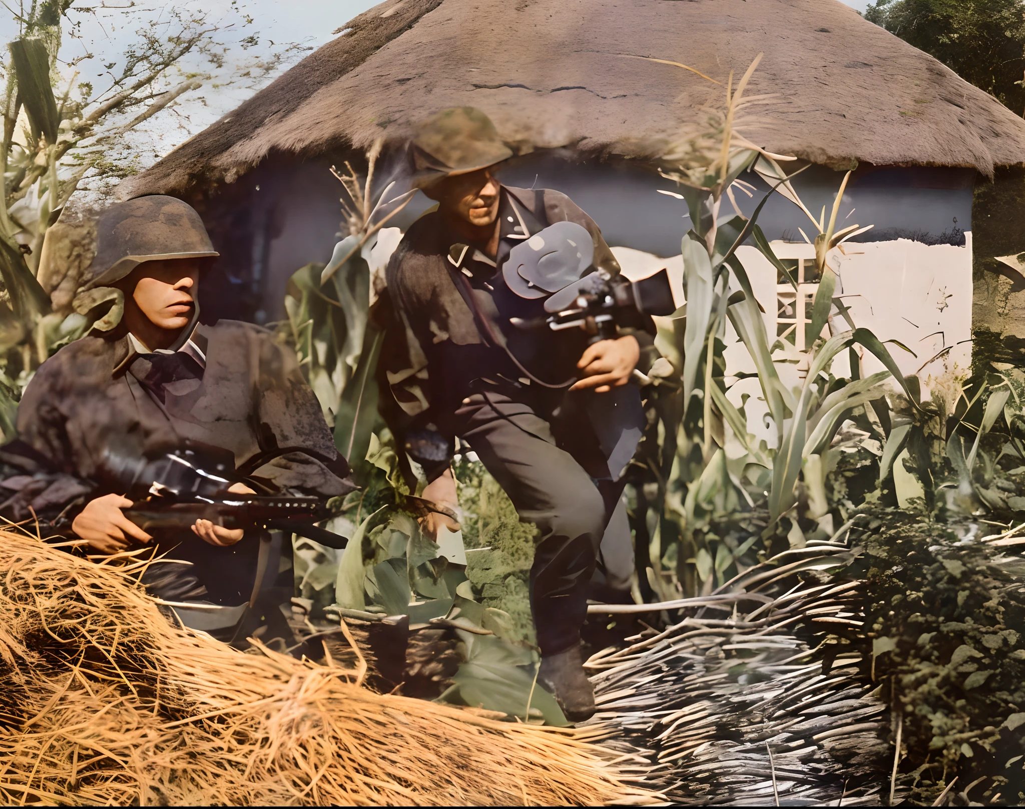 During the Pacific War、Photograph of two Japan soldiers hiding in a trench cave、One of them plays the Hammond organ.。Another was injured in the face and limbs, And a bandage and a triangular bandage on his arm..Crying while listening to the sound of the harmonica in。There was a machine gun on their back.、Small explosions occurred before and after them。explosions、Bursting、fumo、fumo、fulcolor、Coloring、a scene from a movie、4K、masterpiece、masutepiece