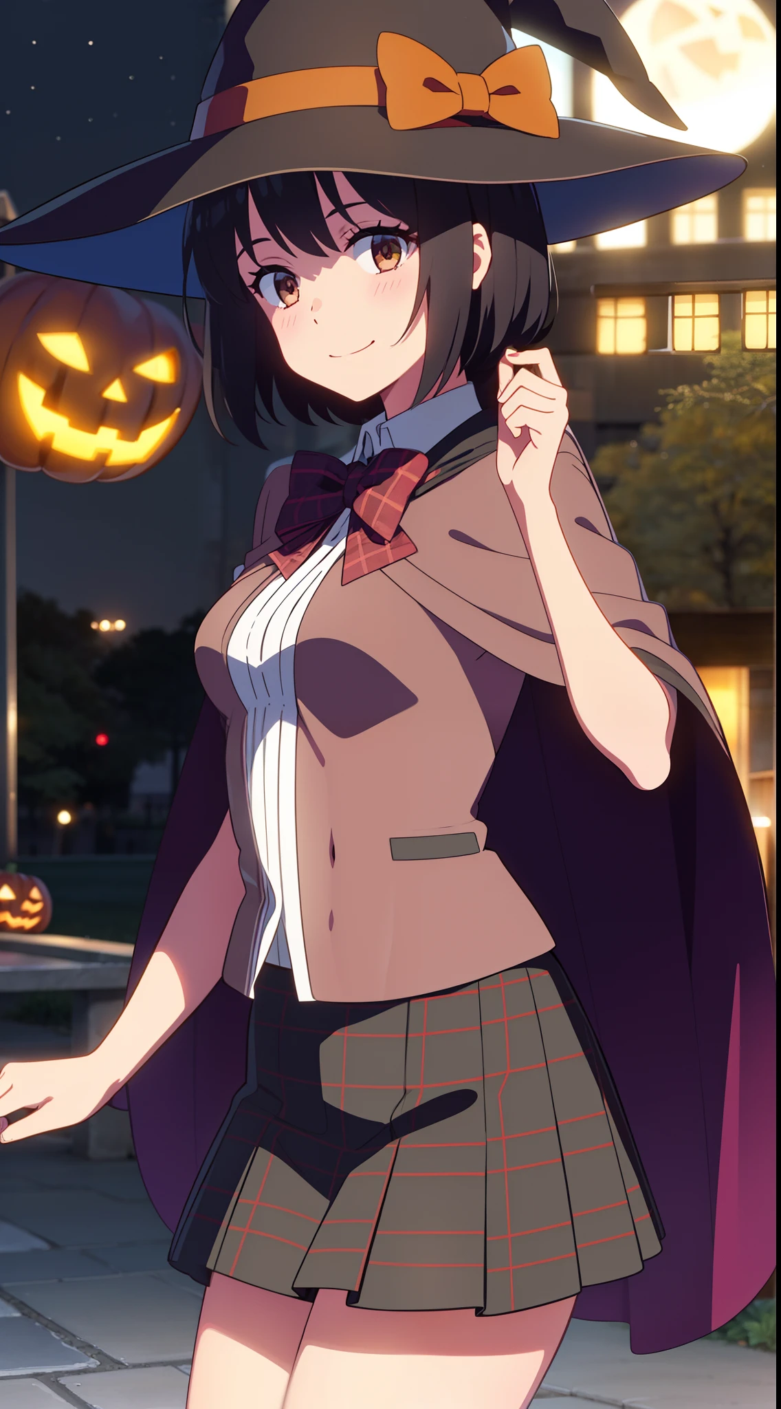 shinkai makoto, kimi no na wa., 1girl, bangs, black hair, blush, bow, brown eyes, looking at the viewer, short hair, smile, solo, happy, Halloween, Pumpkin costume (small tits), Upper body, moon lighting, Perfect hand, Tokyo at night, outdoor, in a park, Halloween Decorations, Wizard Hat, cloaks, skirt, Plaid miniskirt