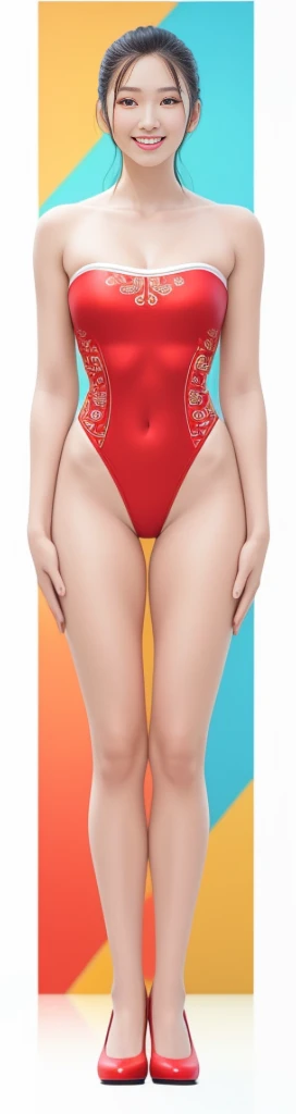 On the white background,A tall and beautiful Chinese girl,with fair skin,Toothy smile,A big smile,When you laugh, Your eyes are crescent-shaped,fringe,Wear a one-piece swimsuit and pumps,Swimsuits are decorated with joyful patterns, Stand up straight,Stand upright,hands on sides,Symmetrical distribution,Ray tracing,All shaded areas,No windows, Soft lighting, Warm light,Without sunlight, Studio light, 1.4x Realistic Ultra HD