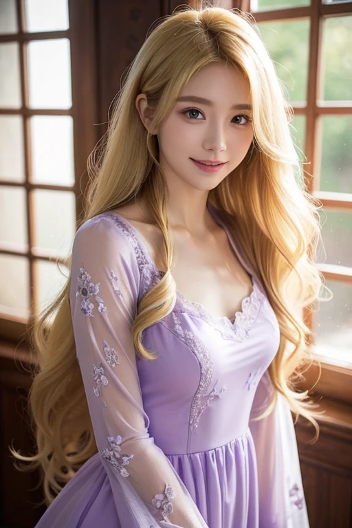 solo person，fully body photo，Stand in front of the window in the castle，Has a beautiful pair of delicate eyes。詳細な目, 二重まぶた，Whiten skin，Real hair and skin，ssmile:1.7，Toothy smile，((Long curly blonde hair)),(Light purple dress:1.6，longer sleeves:1.1) , The depth of field in the photo was perfect，Lens flare adds a nice touch。The delicate details on her face really stand out，