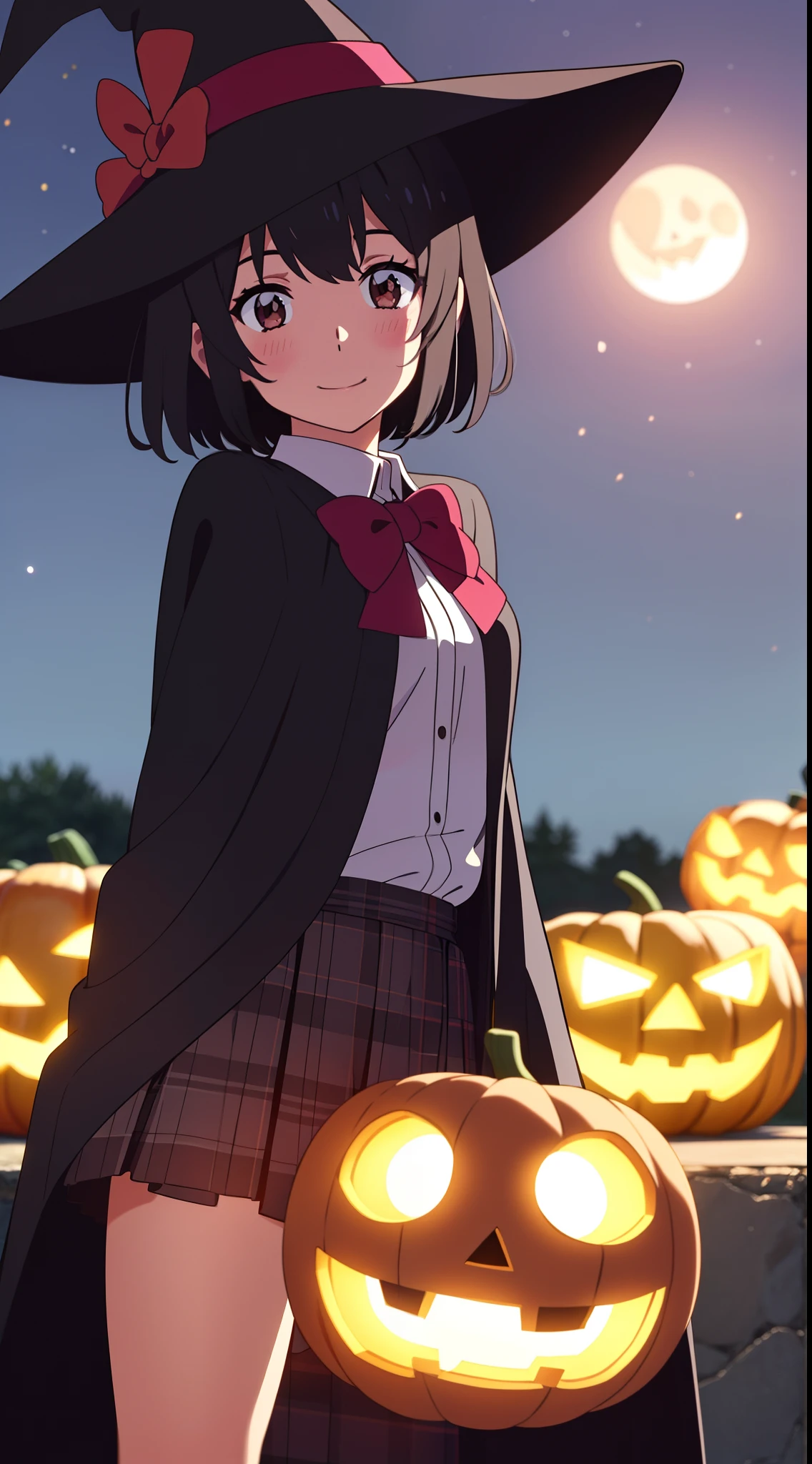 shinkai makoto, kimi no na wa., 1girl, bangs, black hair, blush, bow, brown eyes, looking at the viewer, short hair, smile, solo, happy, Halloween, Pumpkin costume (small tits), Upper body, moon lighting, Perfect hand, Tokyo at night, outdoor, in a park, Halloween Decorations, Wizard Hat, cloaks, skirt, Plaid miniskirt