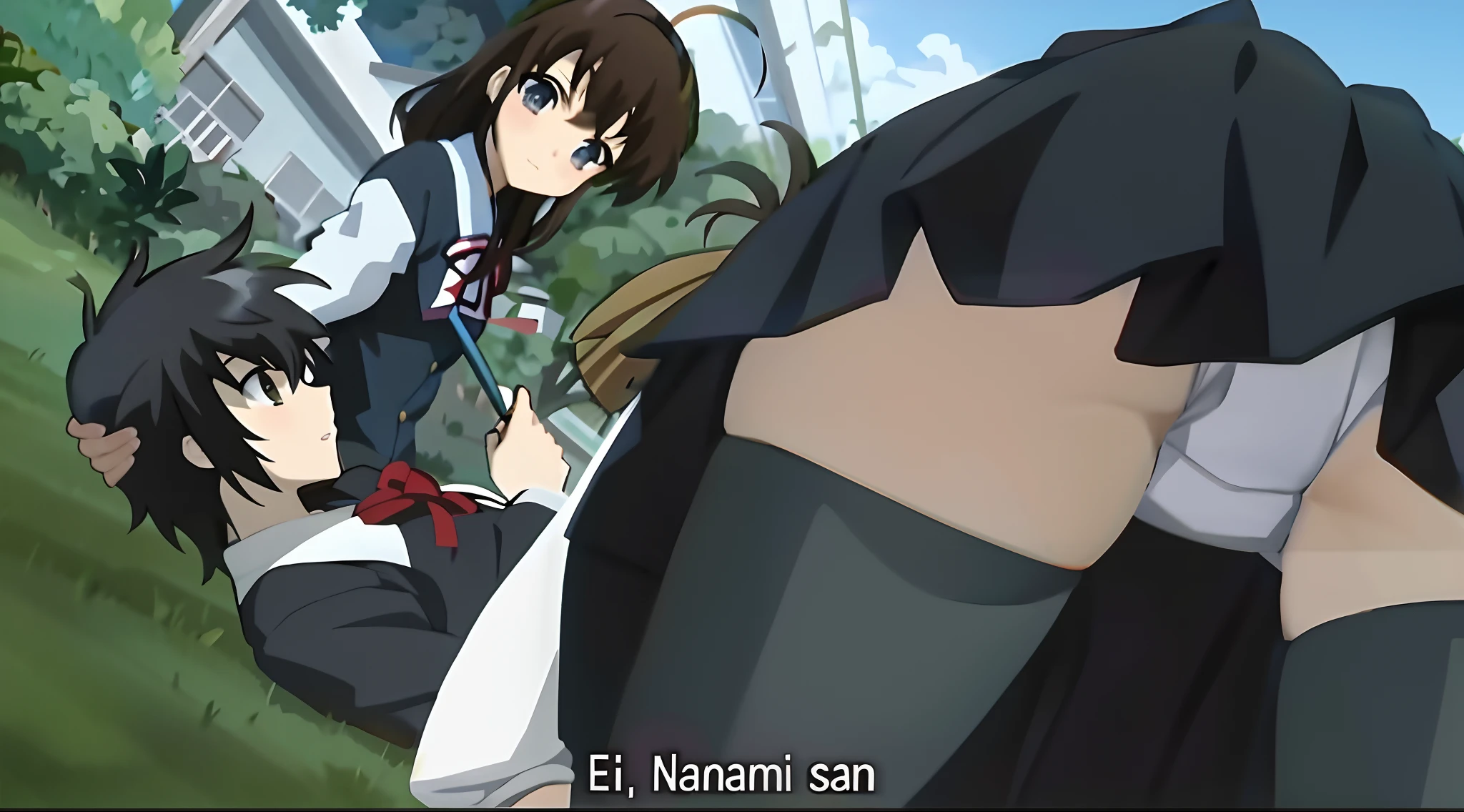personagens de anime em um campo com uma casa ao fundo, Close Up Iwakura Lain, Iwakura Lain, Close up de Lain Iwakura, screencap anime, Abertura do anime, captura de tela do anime, Close up de Iwakura Lain, Haruhi Suzumiya, Estilo de Tsubasa Nakai, em um anime, Clannad, anime ainda frame