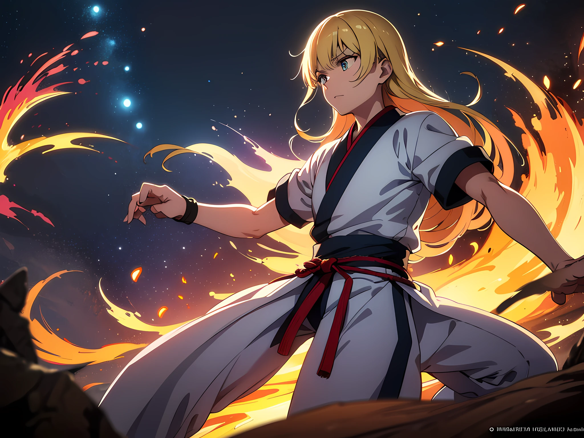 ((1 man)), ((realistic: 1.5)), ((best quality)), ((primary work)), ((detailed)), ((high quality)), ((sharp focus)), ((beautiful eyes finely detailed)), A Kung Fu artist, showing His feats in the martial arts in a small bamboo training field. He does a dynamic fighting pose, ready to puch, flames coming out from his fist, Swirling rainbows and lights on complex background, magical atmosphere, colorful glowing magic spell in the air, swirling portal, dark magic, masterpiece, high-resolution. Lighting is dramatic, emphasizing their determination. This scene captures the essence of Aftermath's journey to becoming a legendary warrior.